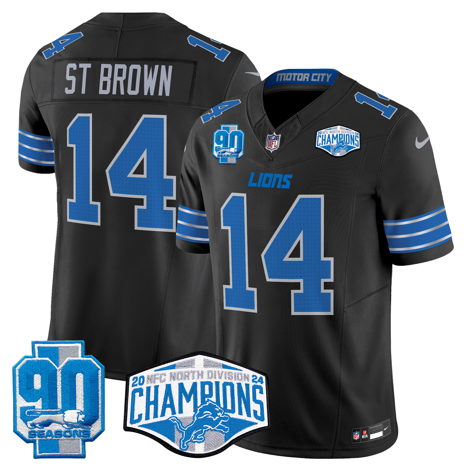 Men's St. Brown Detroit Lions 2024 NFC North Division Champions Patch Vapor Limited Black Jersey - All Stitched