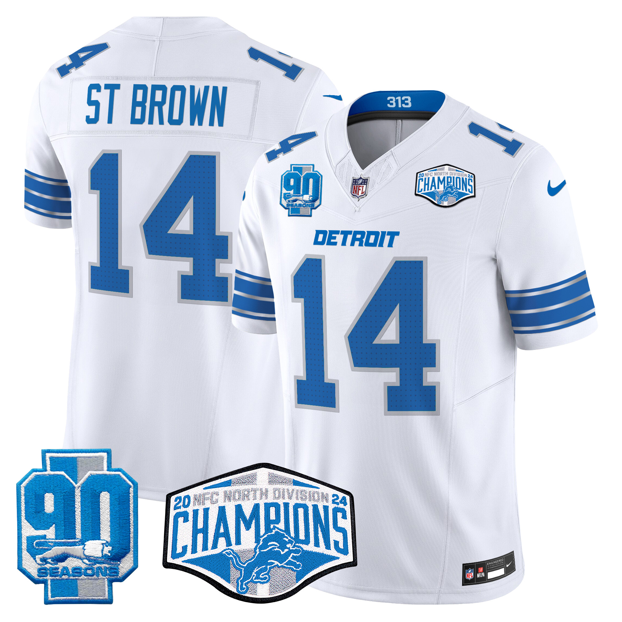 Men's St. Brown Detroit Lions 2024 NFC North Division Champions Patch Vapor Limited White Jersey - All Stitched