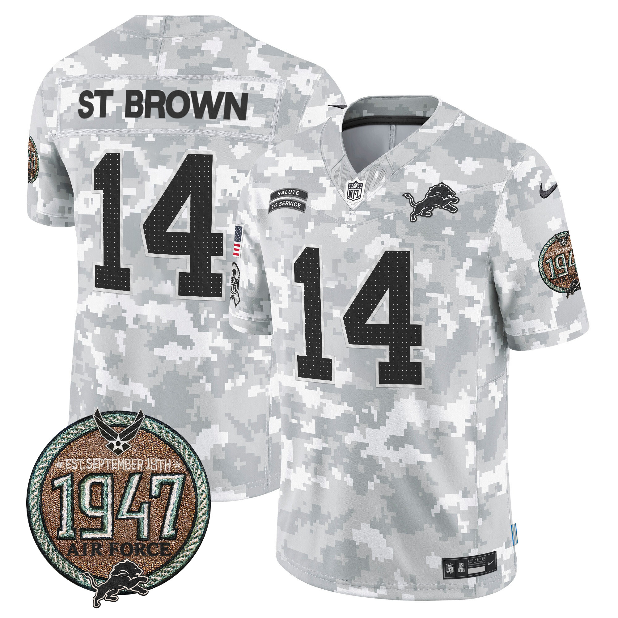 Men's St. Brown Detroit Lions 2024 Salute to Service Establishment Year Patch Vapor Limited Air Force Jersey - All Stitched