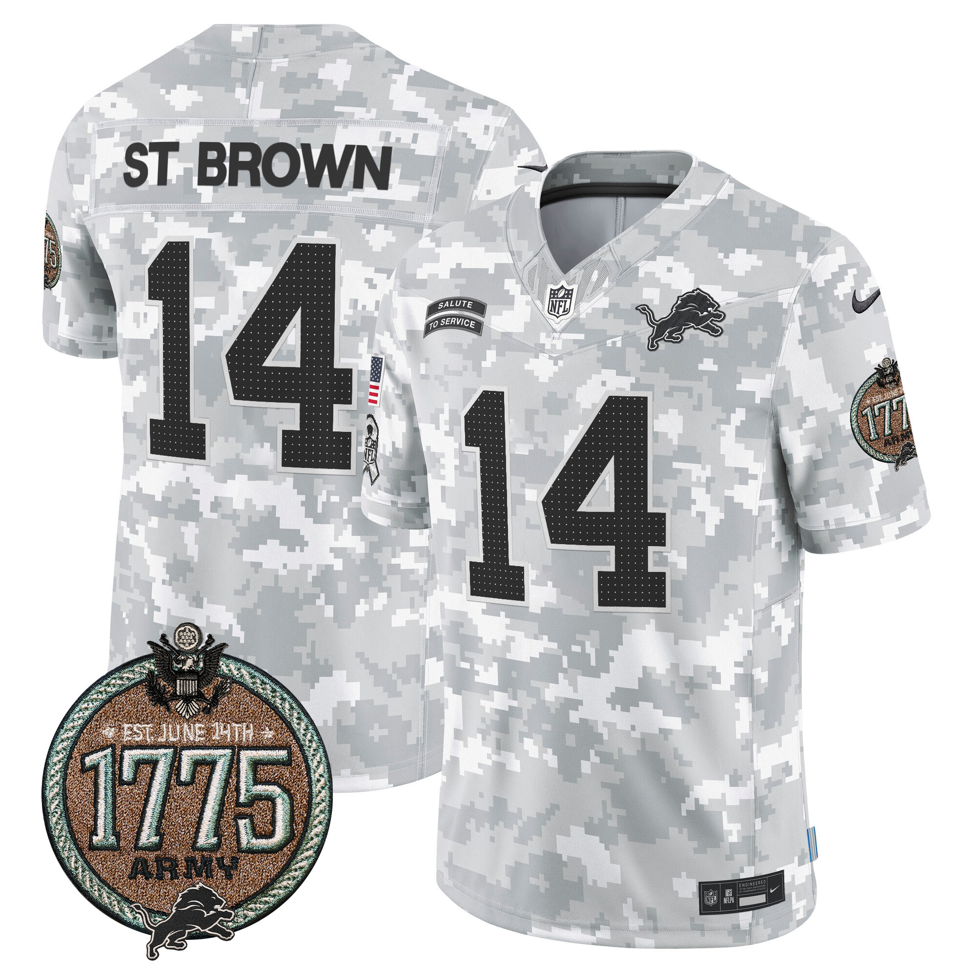 Men's St. Brown Detroit Lions 2024 Salute to Service Establishment Year Patch Vapor Limited Army Jersey - All Stitched