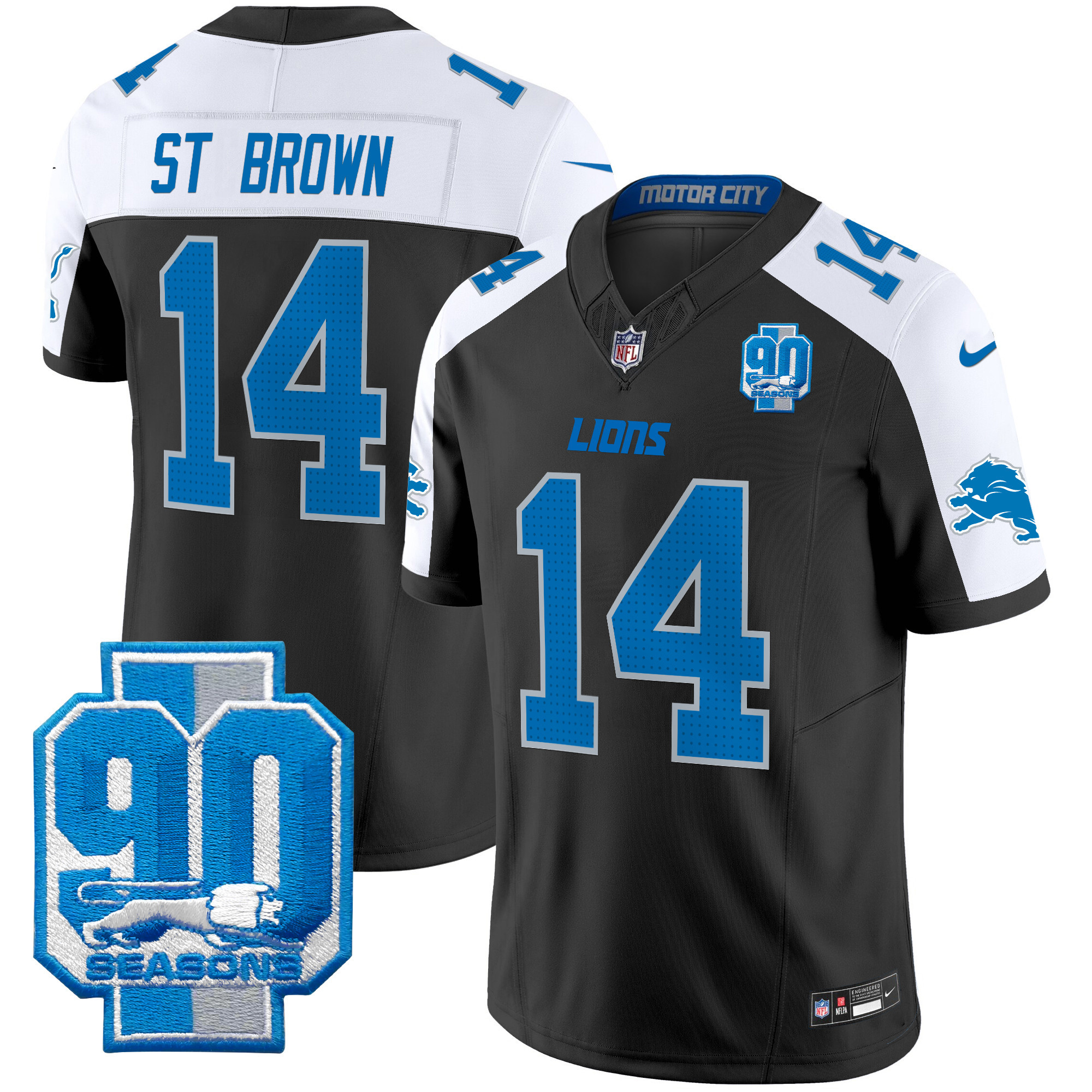 Men's St. Brown Detroit Lions 90th Year Patch Vapor Limited Black Alternate Jersey - All Stitched