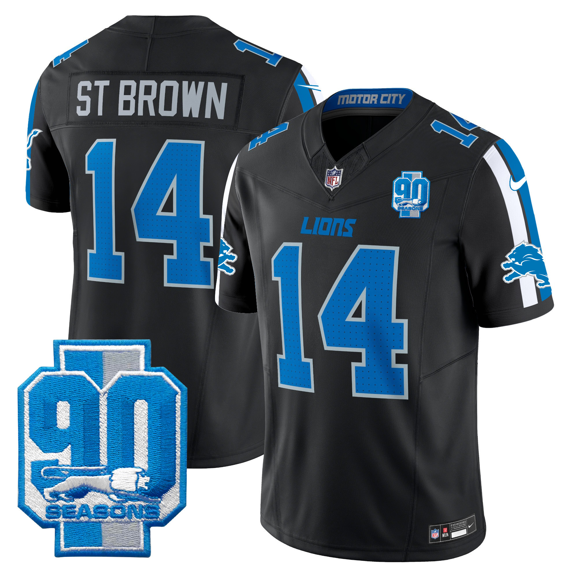 Men's St. Brown Detroit Lions 90th Year Patch Vapor Limited Black Jersey - All Stitched