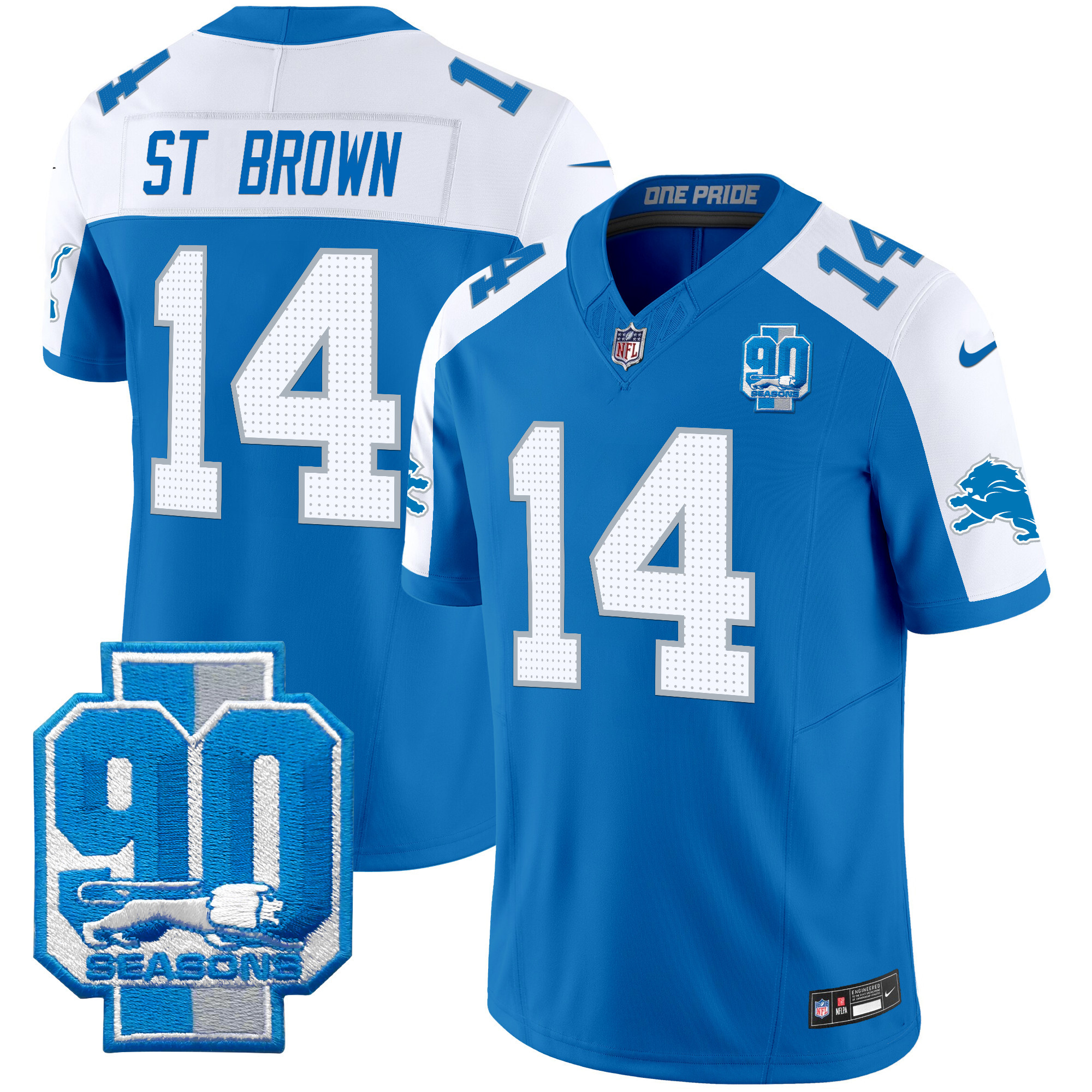 Men's St. Brown Detroit Lions 90th Year Patch Vapor Limited Blue Alternate Jersey - All Stitched