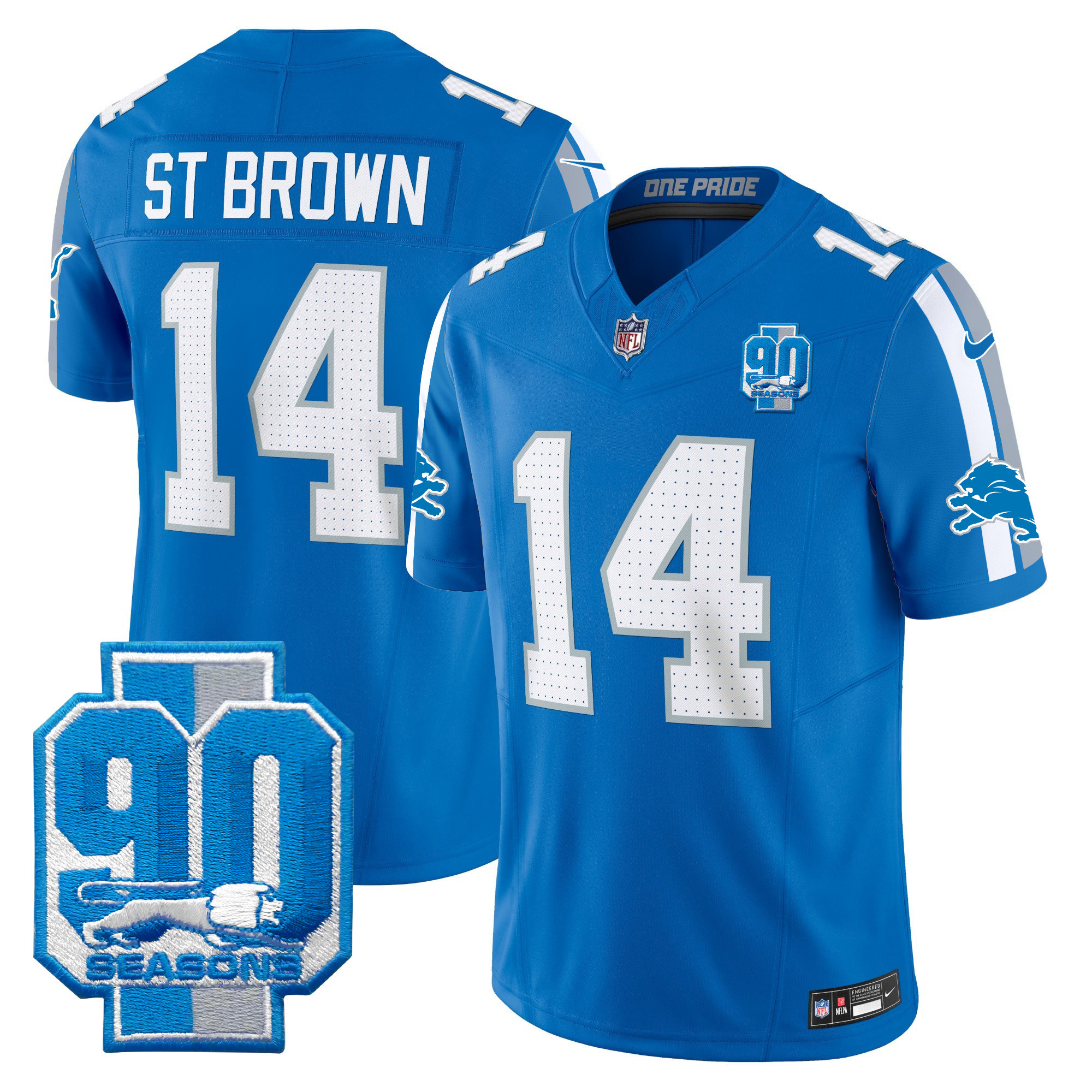 Men's St. Brown Detroit Lions 90th Year Patch Vapor Limited Blue Jersey - All Stitched