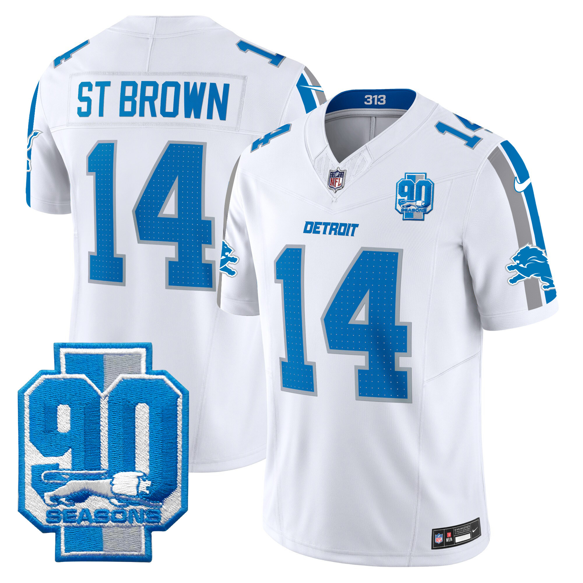 Men's St. Brown Detroit Lions 90th Year Patch Vapor Limited White Jersey - All Stitched