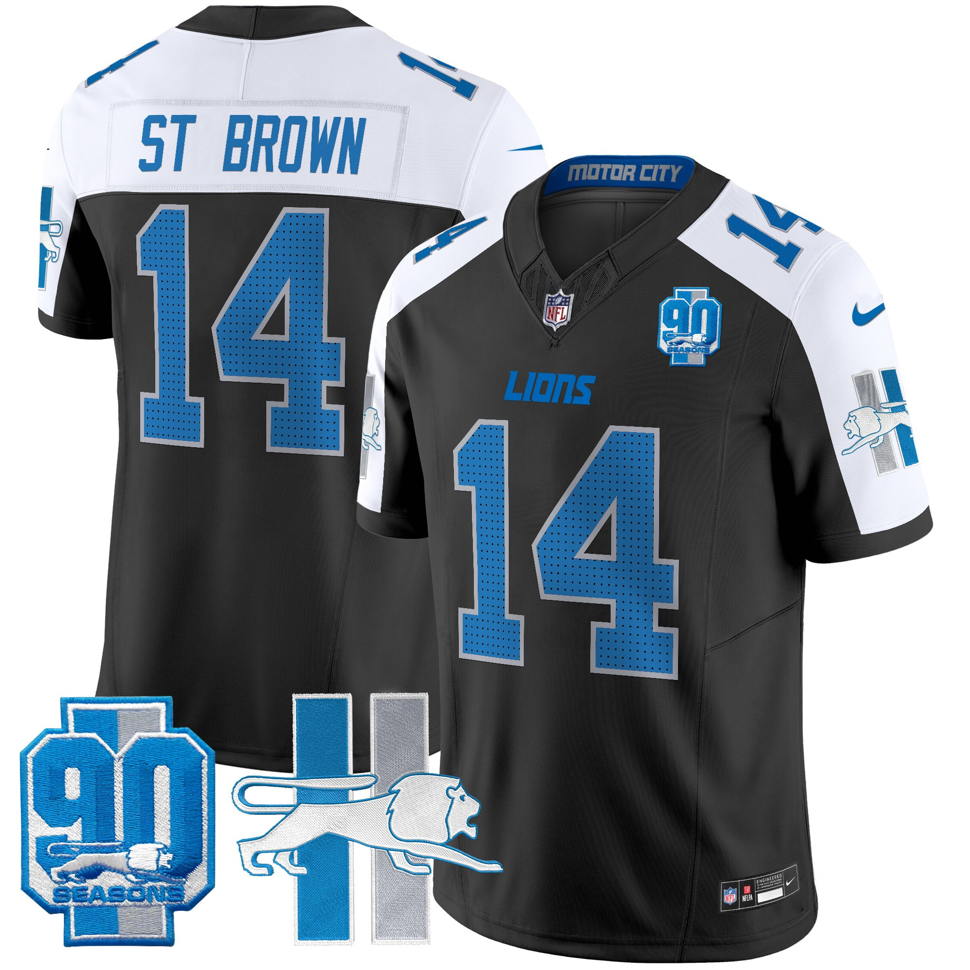 Men's St. Brown Detroit Lions Throwback 90th Year Patch Vapor Limited Black Alternate Jersey - All Stitched