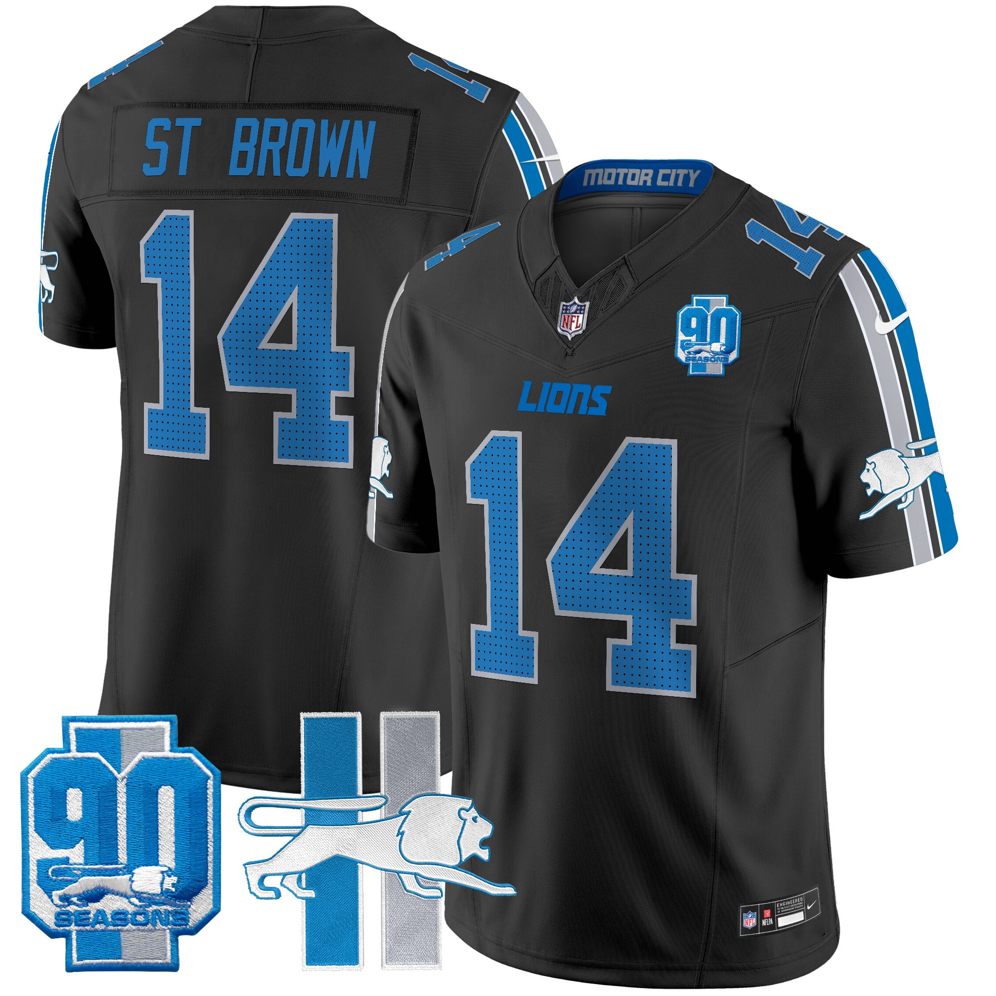 Men's St. Brown Detroit Lions Throwback 90th Year Patch Vapor Limited Black Jersey - All Stitched