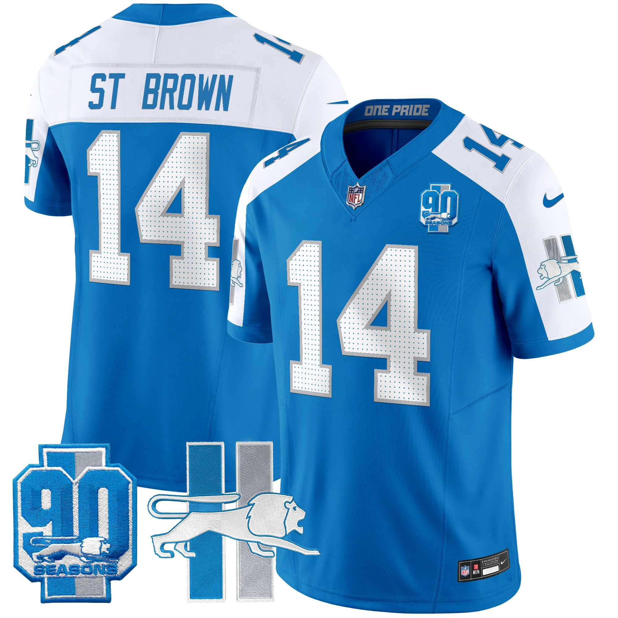 Men's St. Brown Detroit Lions Throwback 90th Year Patch Vapor Limited Blue Alternate Jersey - All Stitched