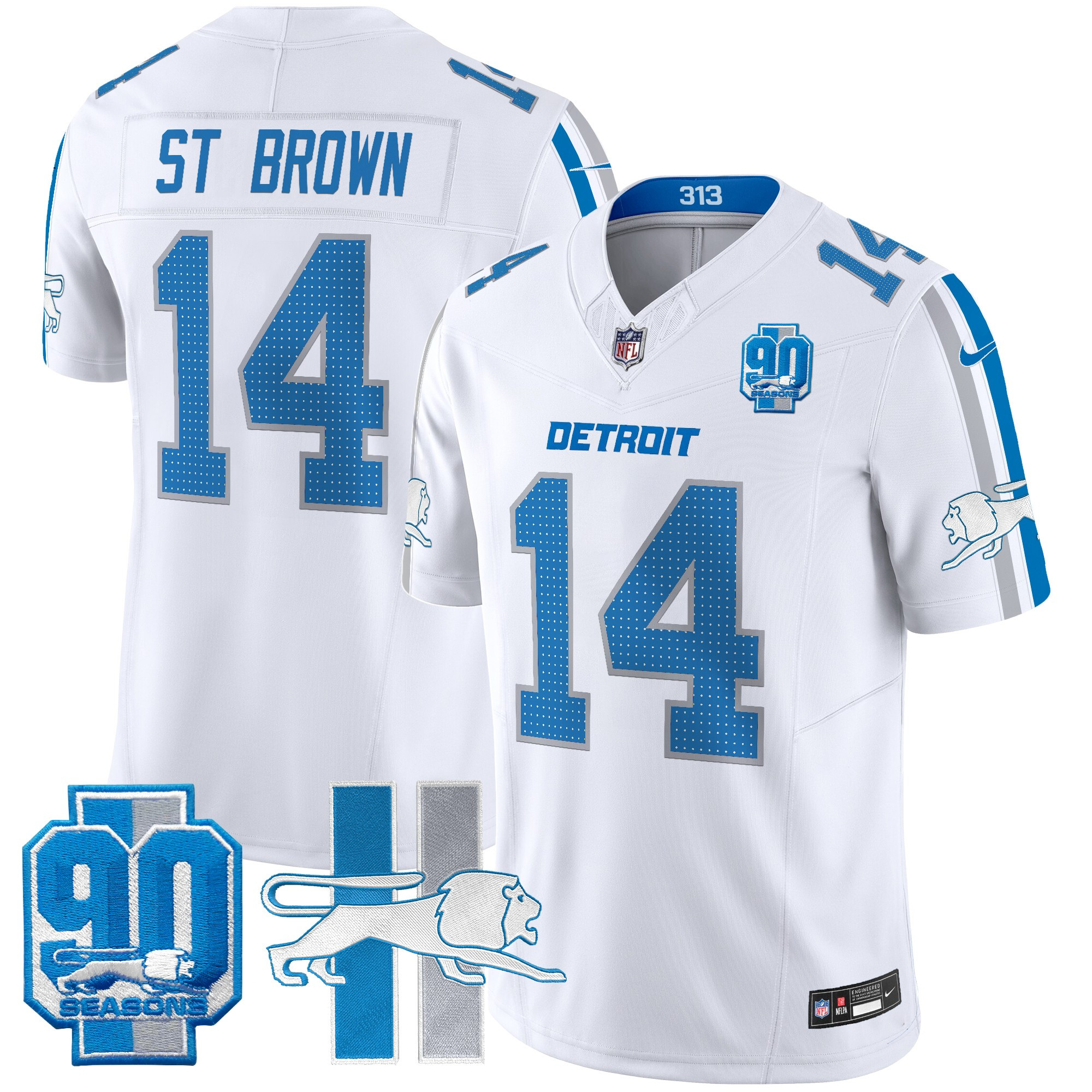 Men's St. Brown Detroit Lions Throwback 90th Year Patch Vapor Limited White Jersey - All Stitched