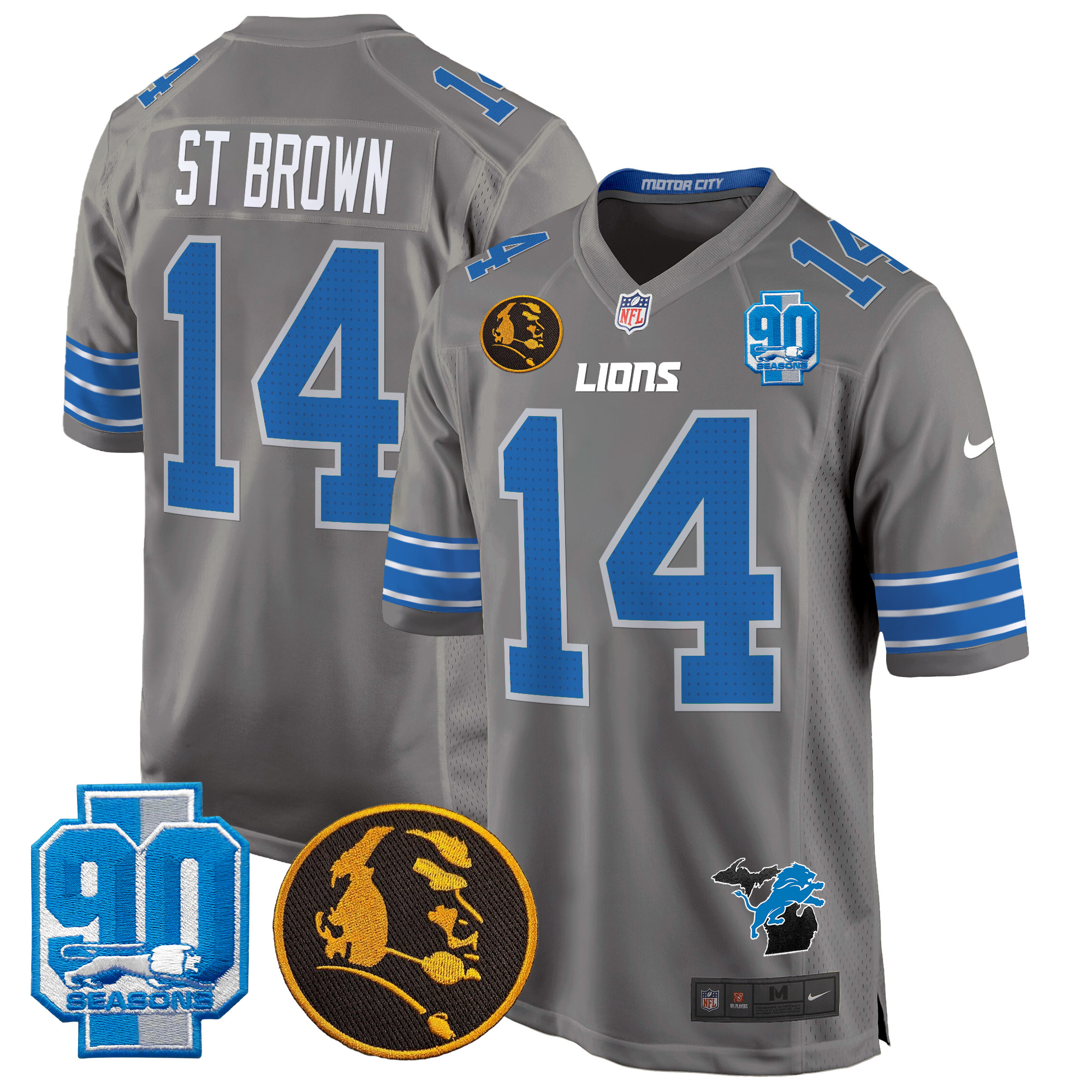 Men's St.Brown Detroit Lions 2024 90th & John Madden Patch Game Gray Jersey - All Stitched