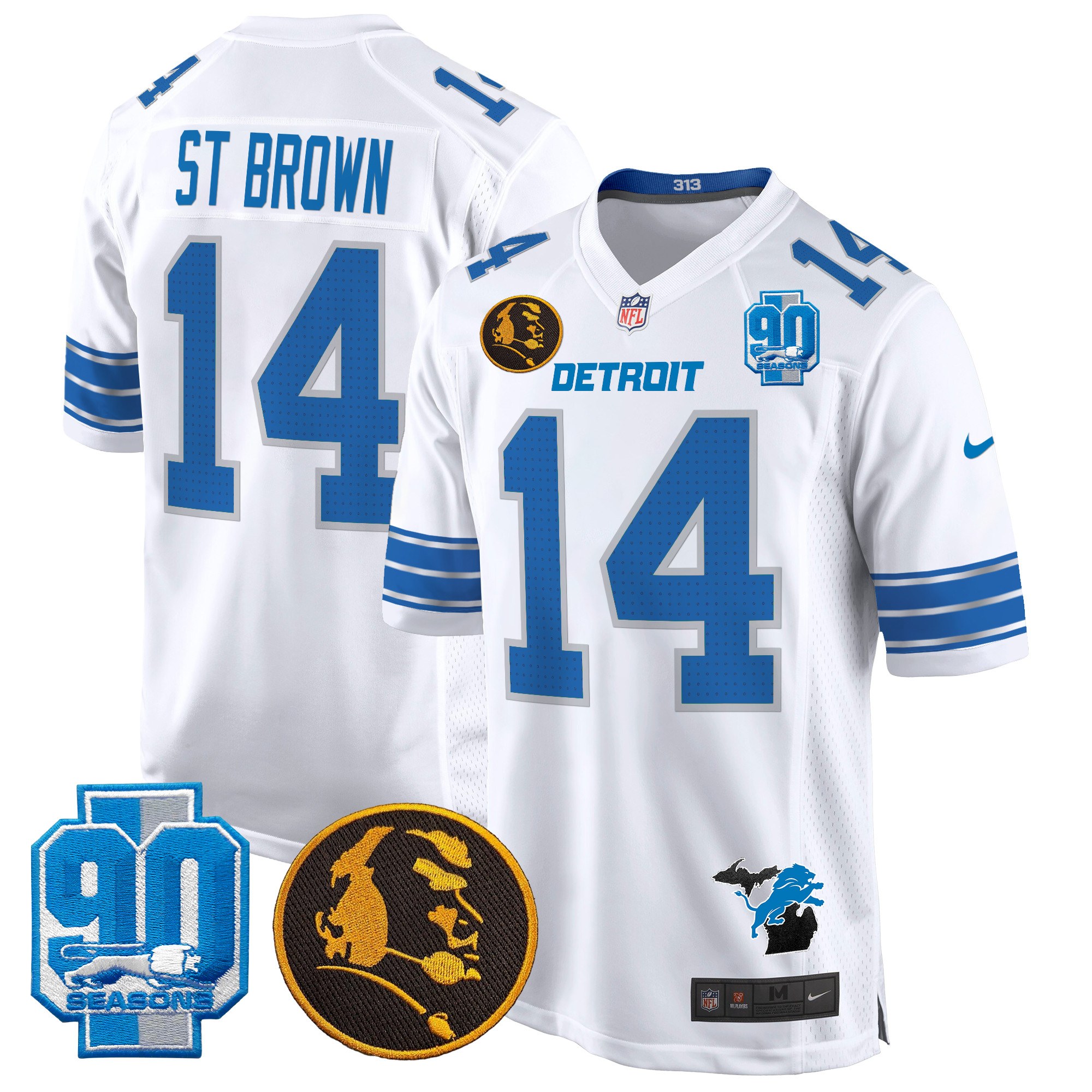 Men's St.Brown Detroit Lions 2024 90th & John Madden Patch Game White Jersey - All Stitched