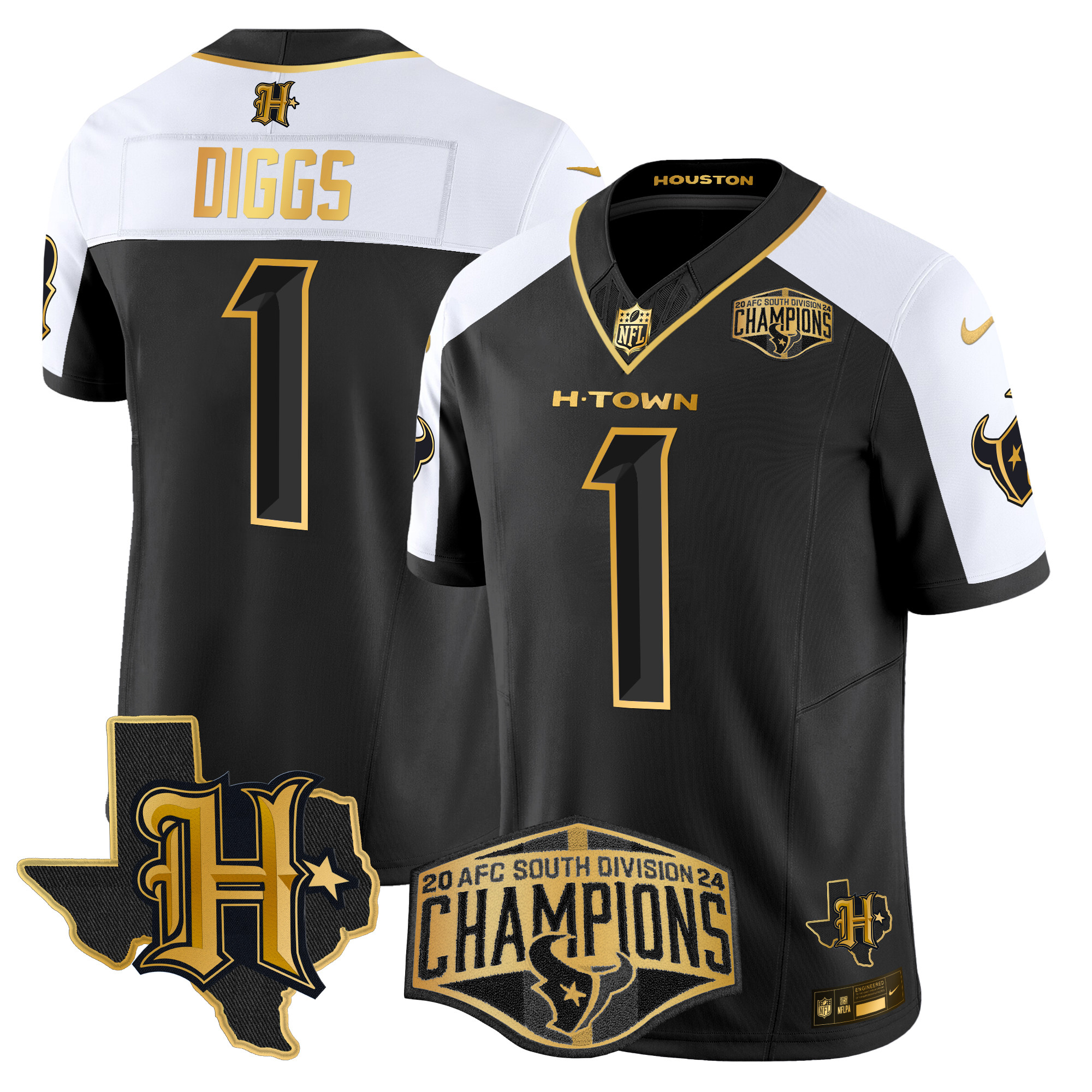 Men's Stefon Diggs Houston Texans 2024 AFC South Division Champions Patch Gold Vapor Limited Alternate Jersey - All Stitched