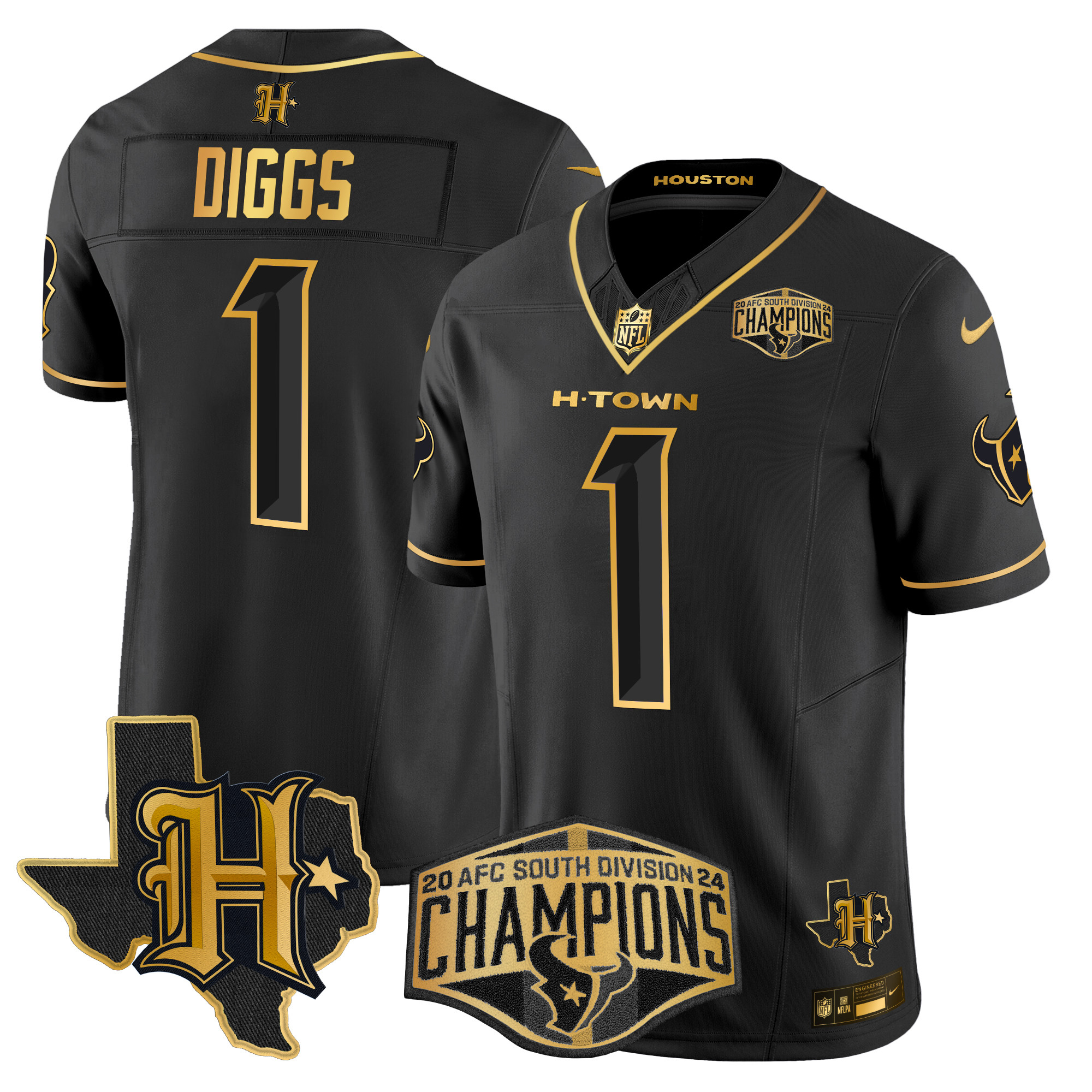 Men's Stefon Diggs Houston Texans 2024 AFC South Division Champions Patch Gold Vapor Limited Black Gold Jersey - All Stitched