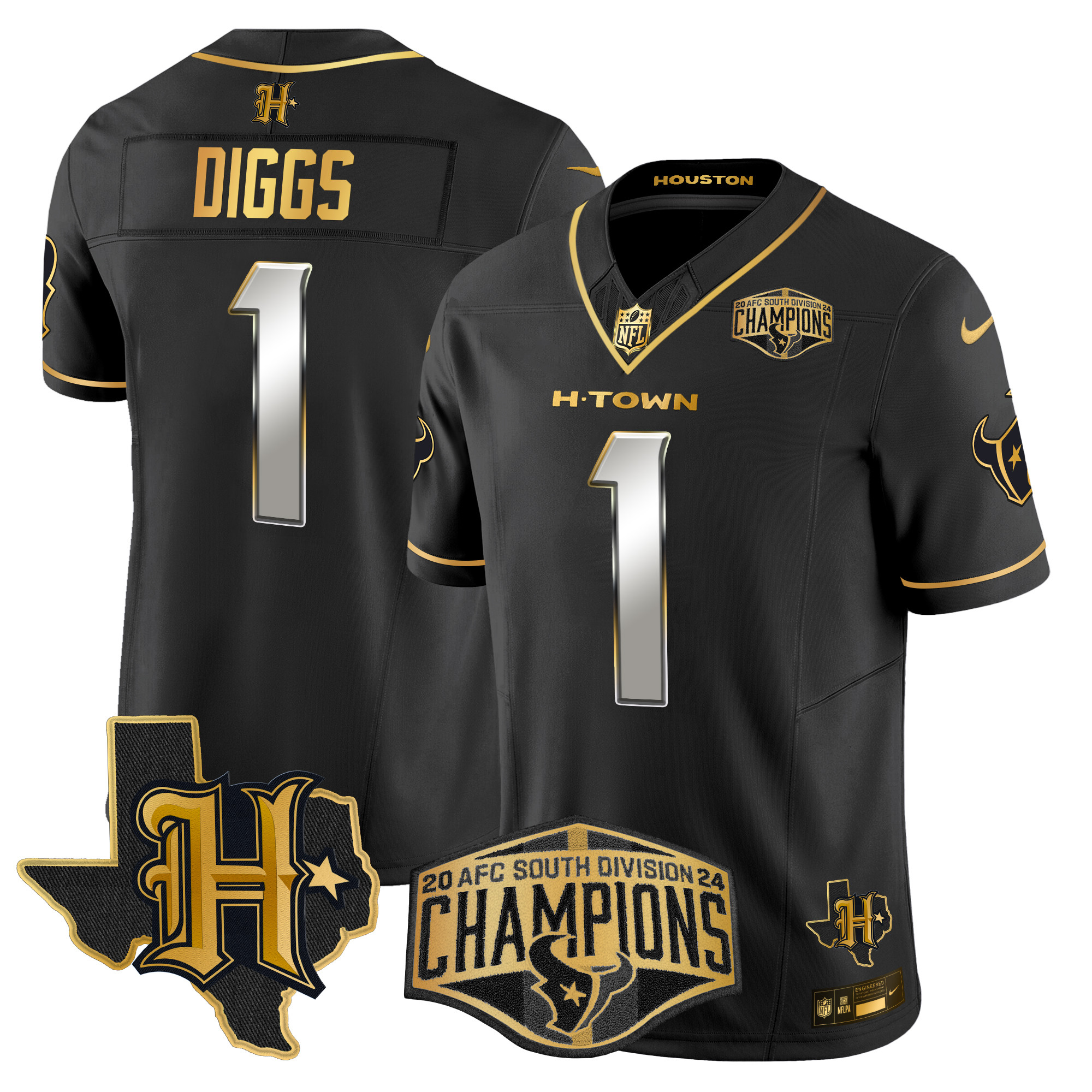 Men's Stefon Diggs Houston Texans 2024 AFC South Division Champions Patch Gold Vapor Limited Black Limited Jersey - All Stitched