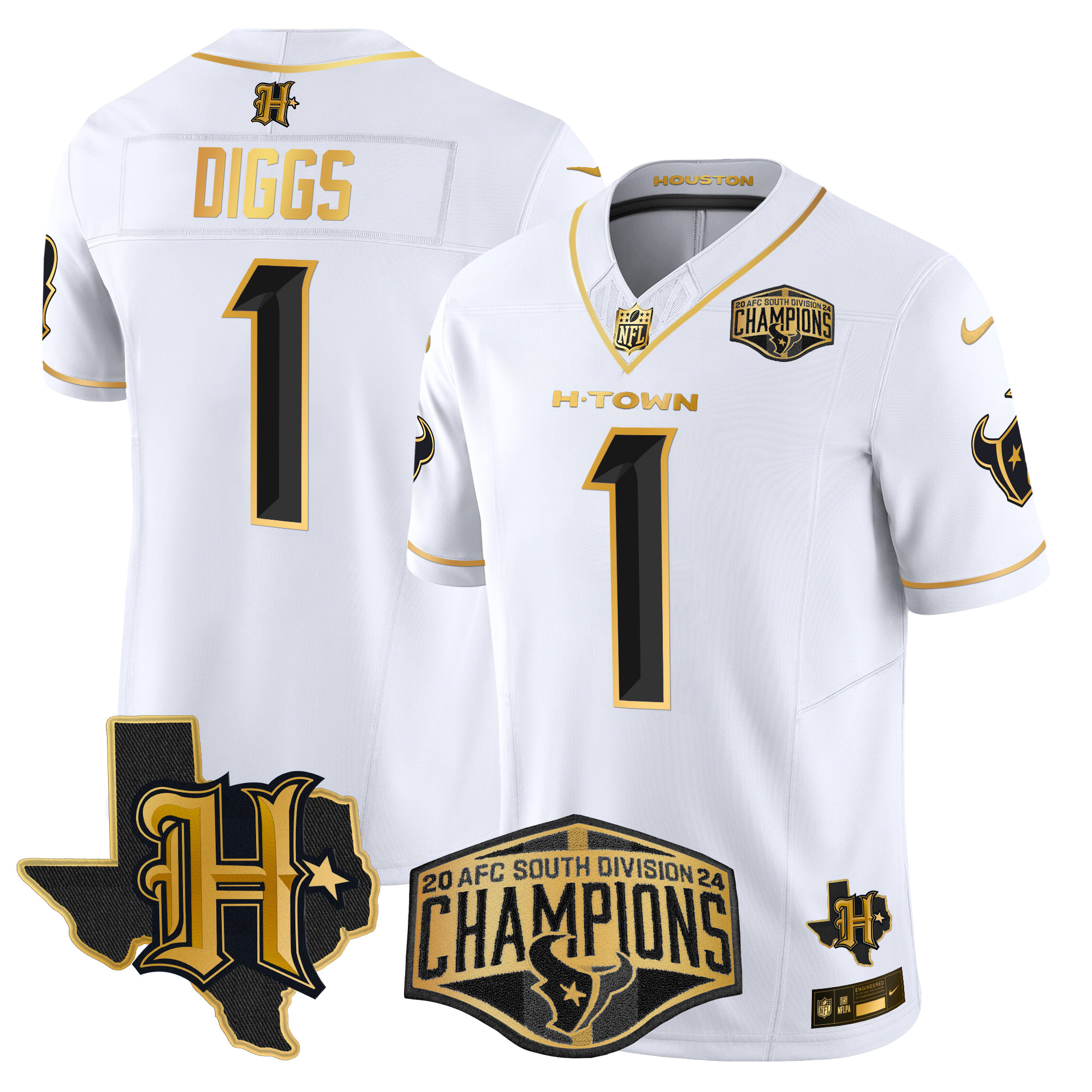 Men's Stefon Diggs Houston Texans 2024 AFC South Division Champions Patch Gold Vapor Limited White Gold Jersey - All Stitched