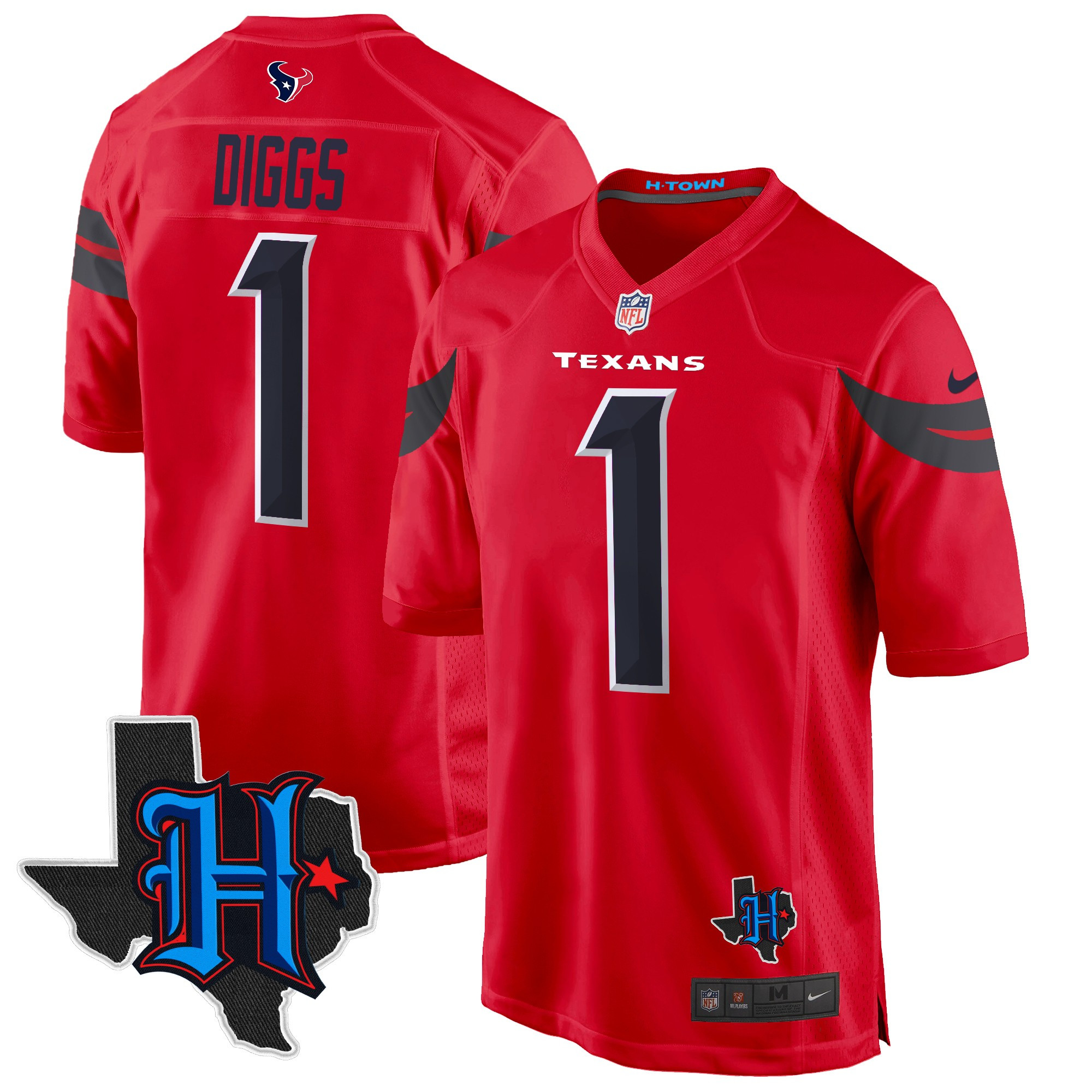 Men's Stefon Diggs Houston Texans 2024 Texas Patch Game Red Jersey - All Stitched