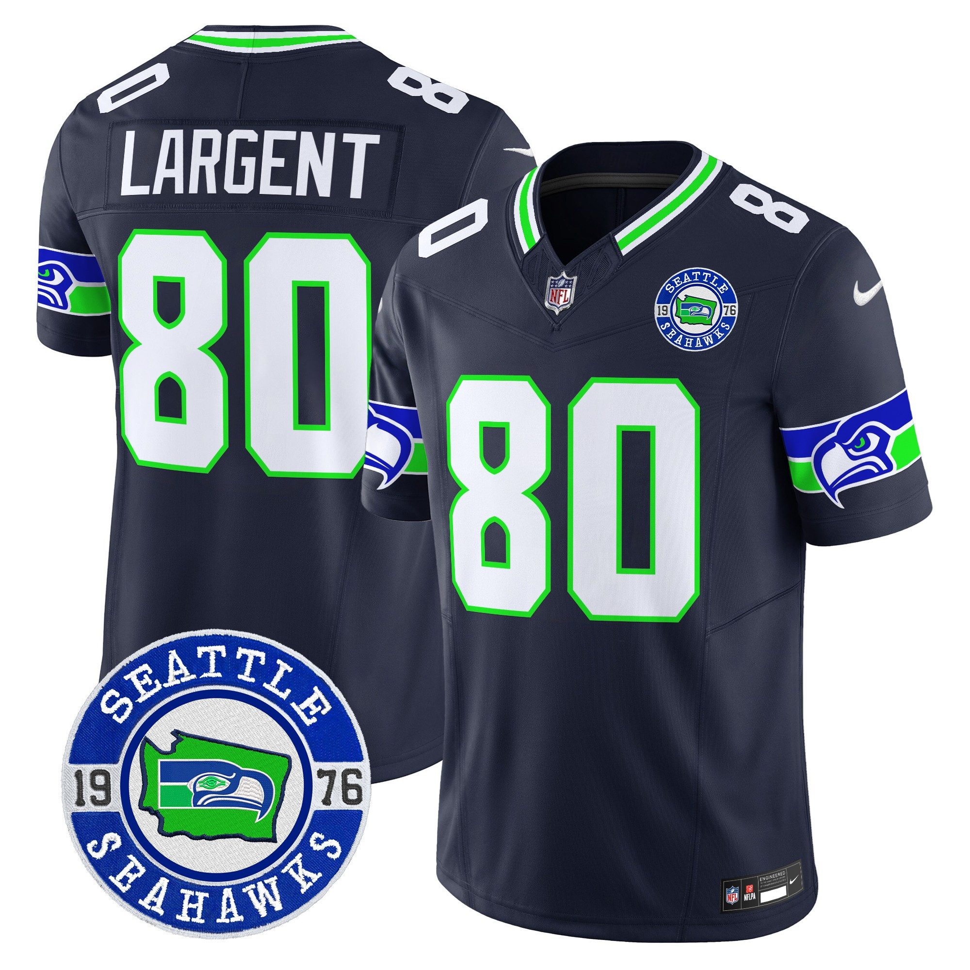 Men's Steve Largent Seattle Seahawks 2024 Seattle Est. 1976 Patch Vapor Limited Navy Jersey - All Stitched
