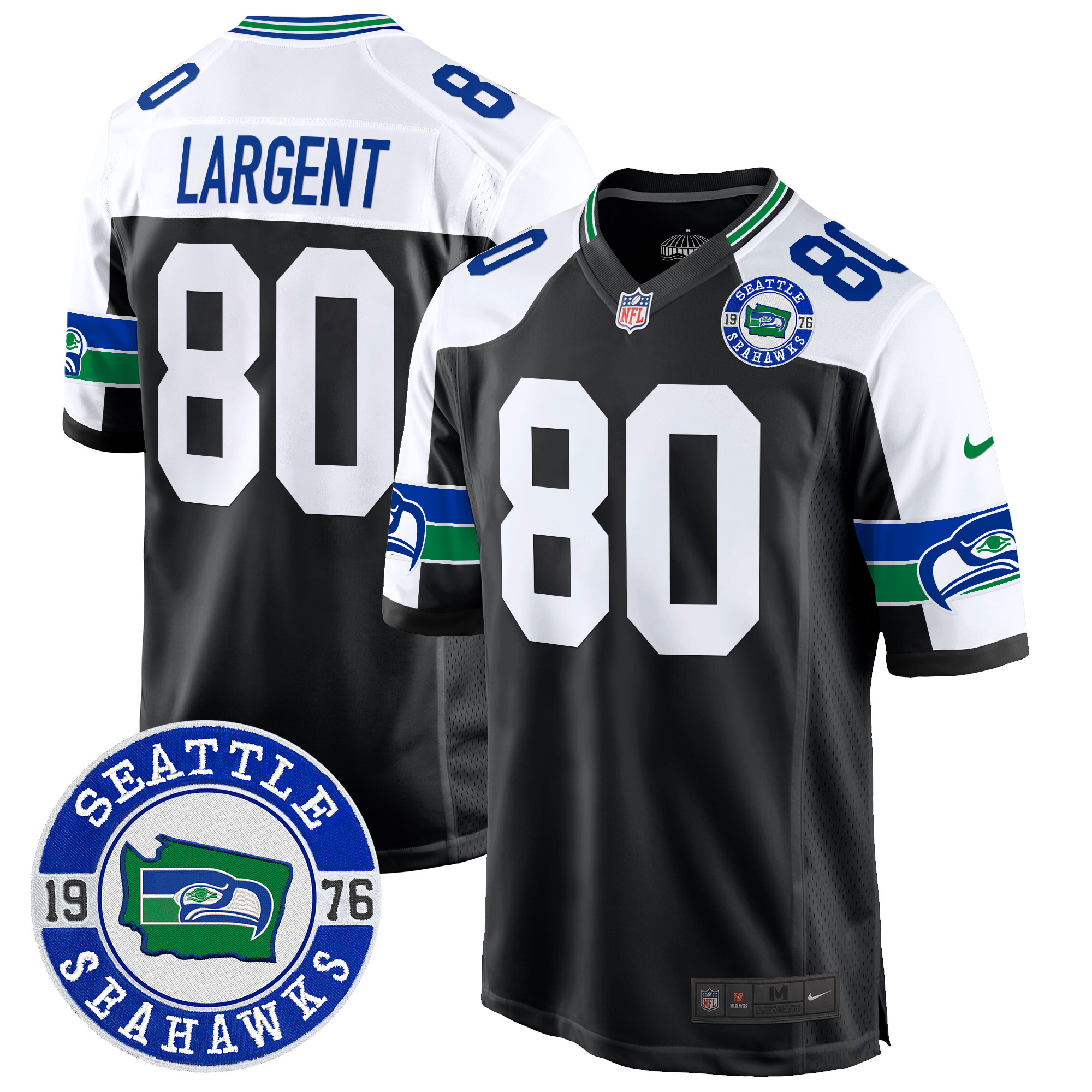 Men's Steve Largent Seattle Seahawks Throwback Est. 1976 Patch Game Black Alternate Jersey - All Stitched