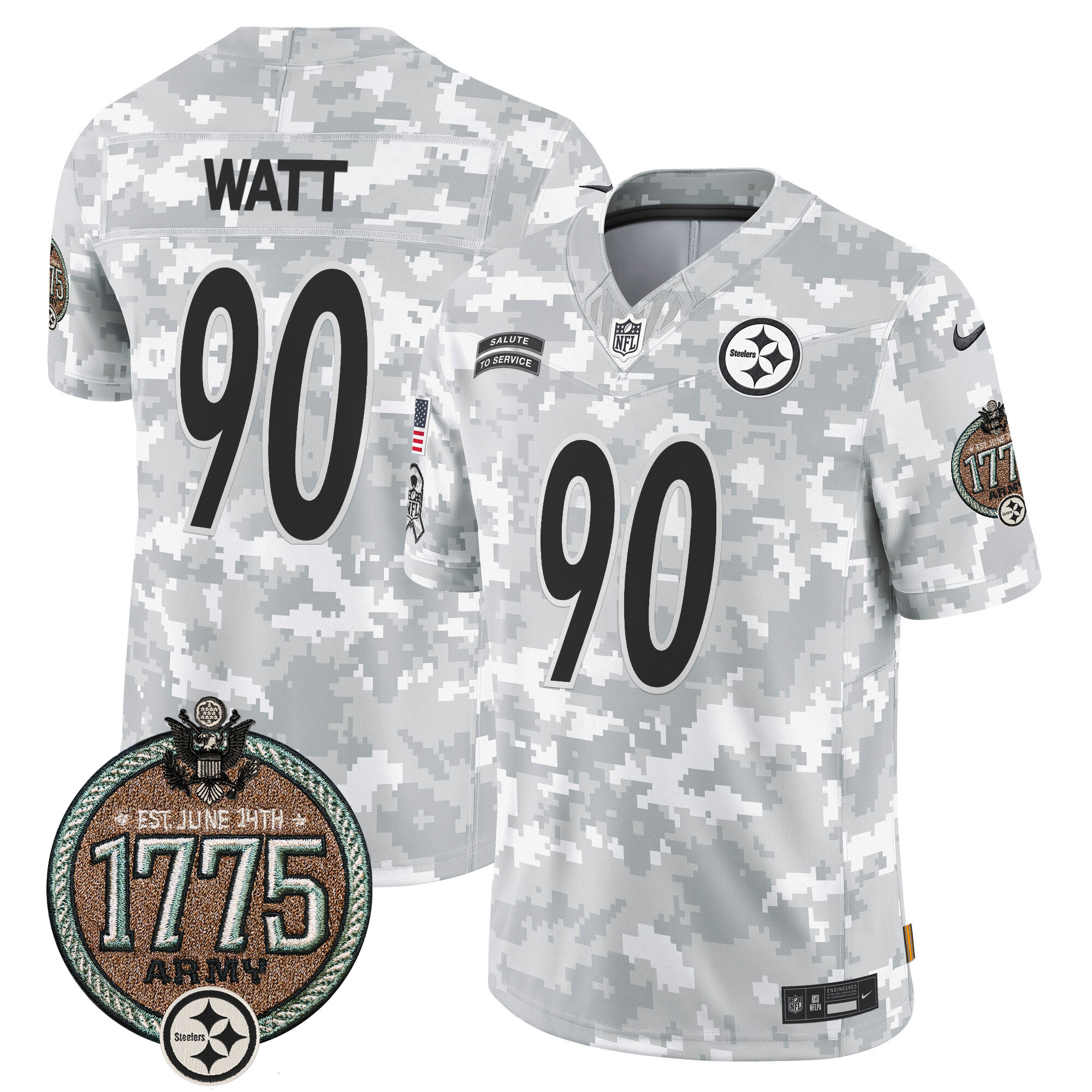Men's T. J. Watt Pittsburgh Steelers 2024 Salute to Service Establishment Year Patch Vapor Limited Army Jersey - All Stitched