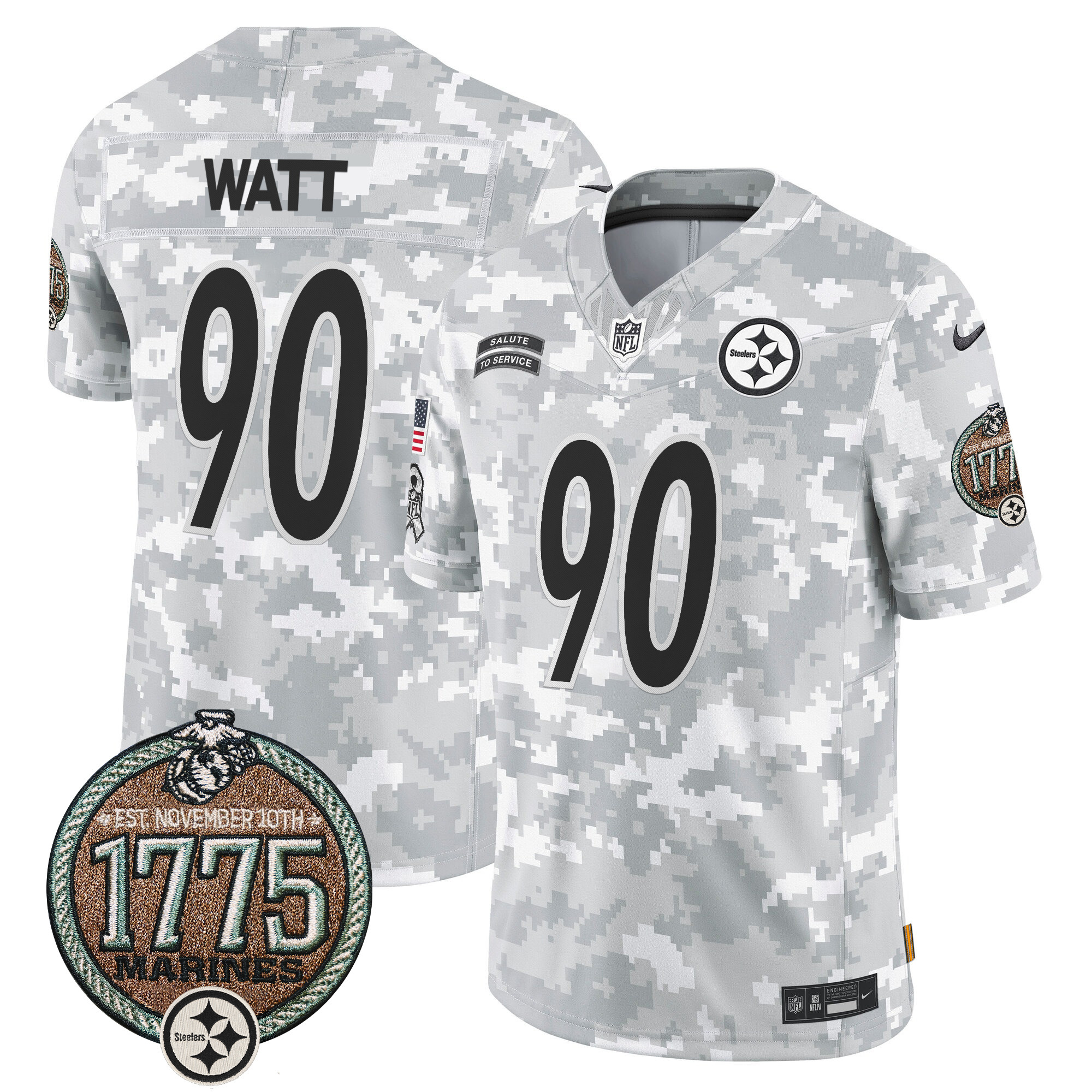 Men's T. J. Watt Pittsburgh Steelers 2024 Salute to Service Establishment Year Patch Vapor Limited Marines Jersey - All Stitched