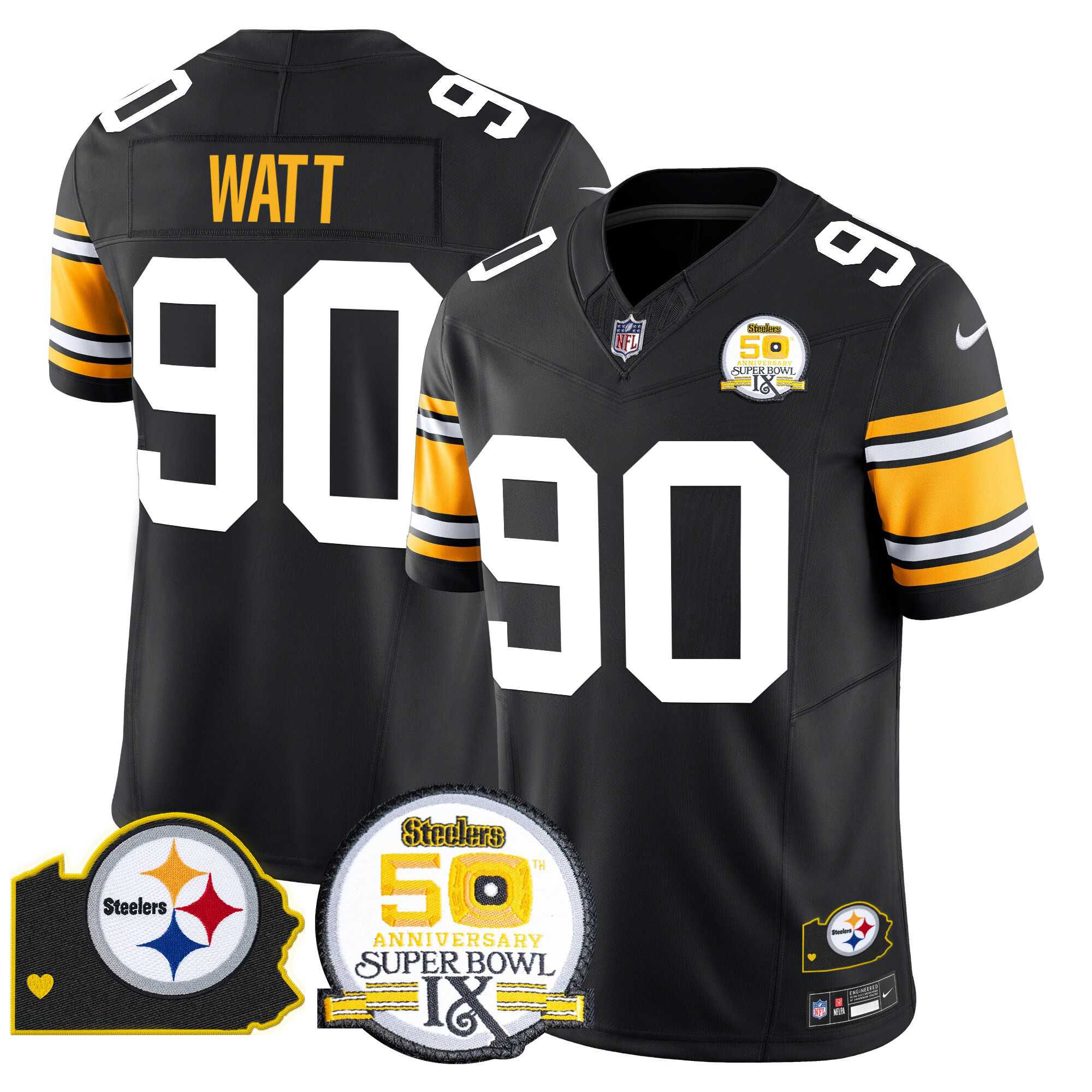 Men's T. J. Watt Pittsburgh Steelers 50th Anniversary Of Super Bowl IX & Map Patch Vapor Limited 1975 Throwback Jersey - All Stitched