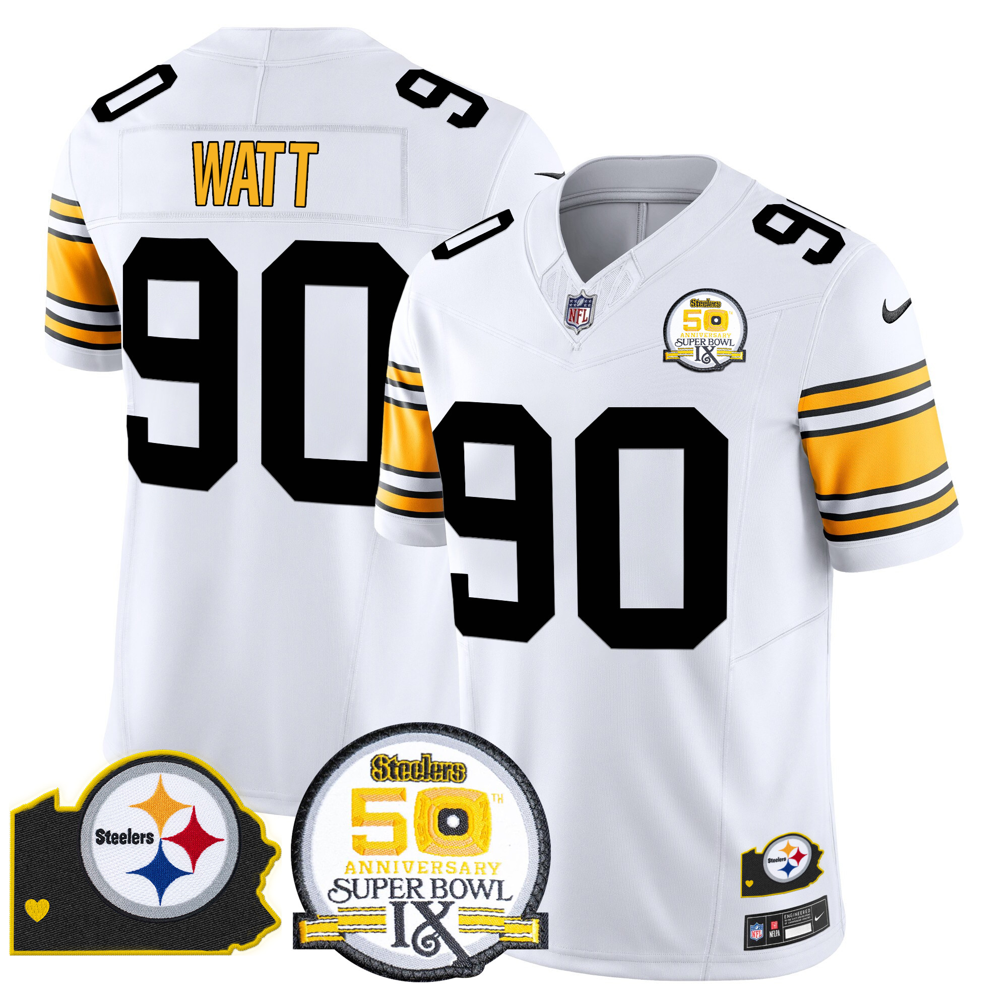 Men's T. J. Watt Pittsburgh Steelers 50th Anniversary Of Super Bowl IX & Map Patch Vapor Limited 1975 White Jersey - All Stitched