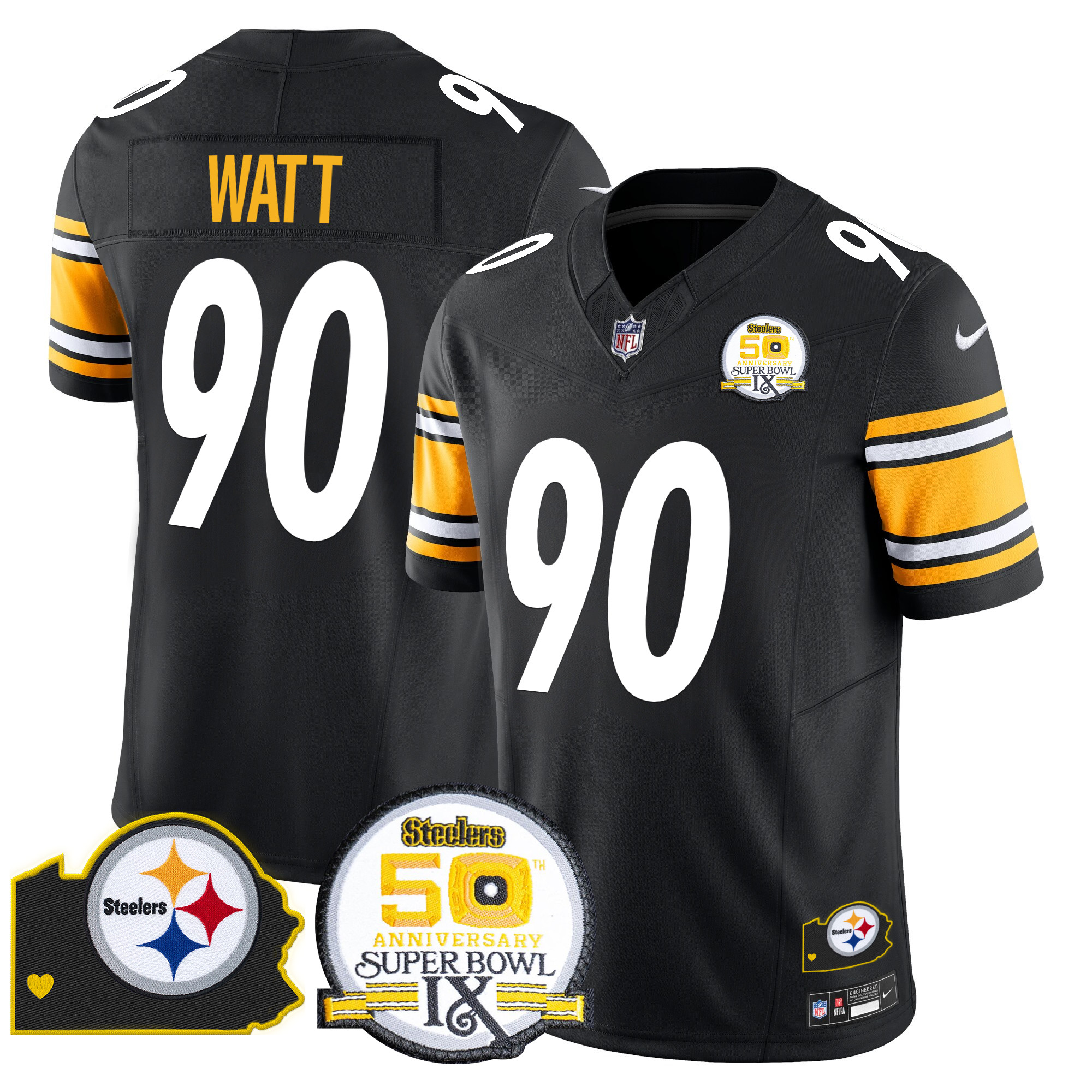 Men's T. J. Watt Pittsburgh Steelers 50th Anniversary Of Super Bowl IX & Map Patch Vapor Limited Black Jersey - All Stitched
