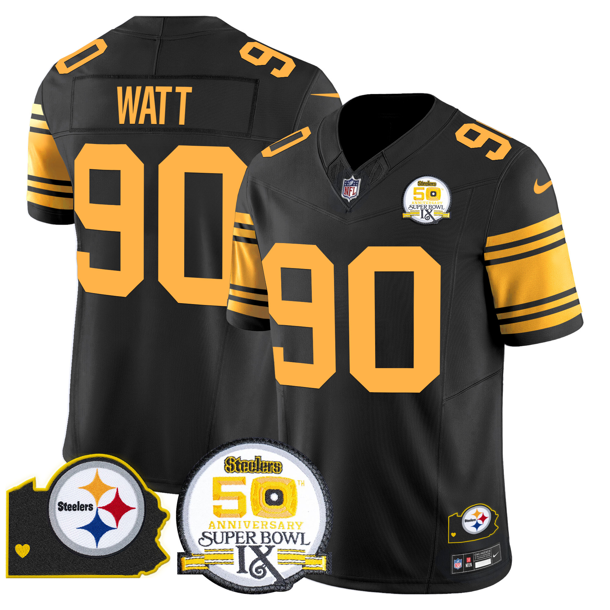 Men's T. J. Watt Pittsburgh Steelers 50th Anniversary Of Super Bowl IX & Map Patch Vapor Limited Color Rush Jersey - All Stitched
