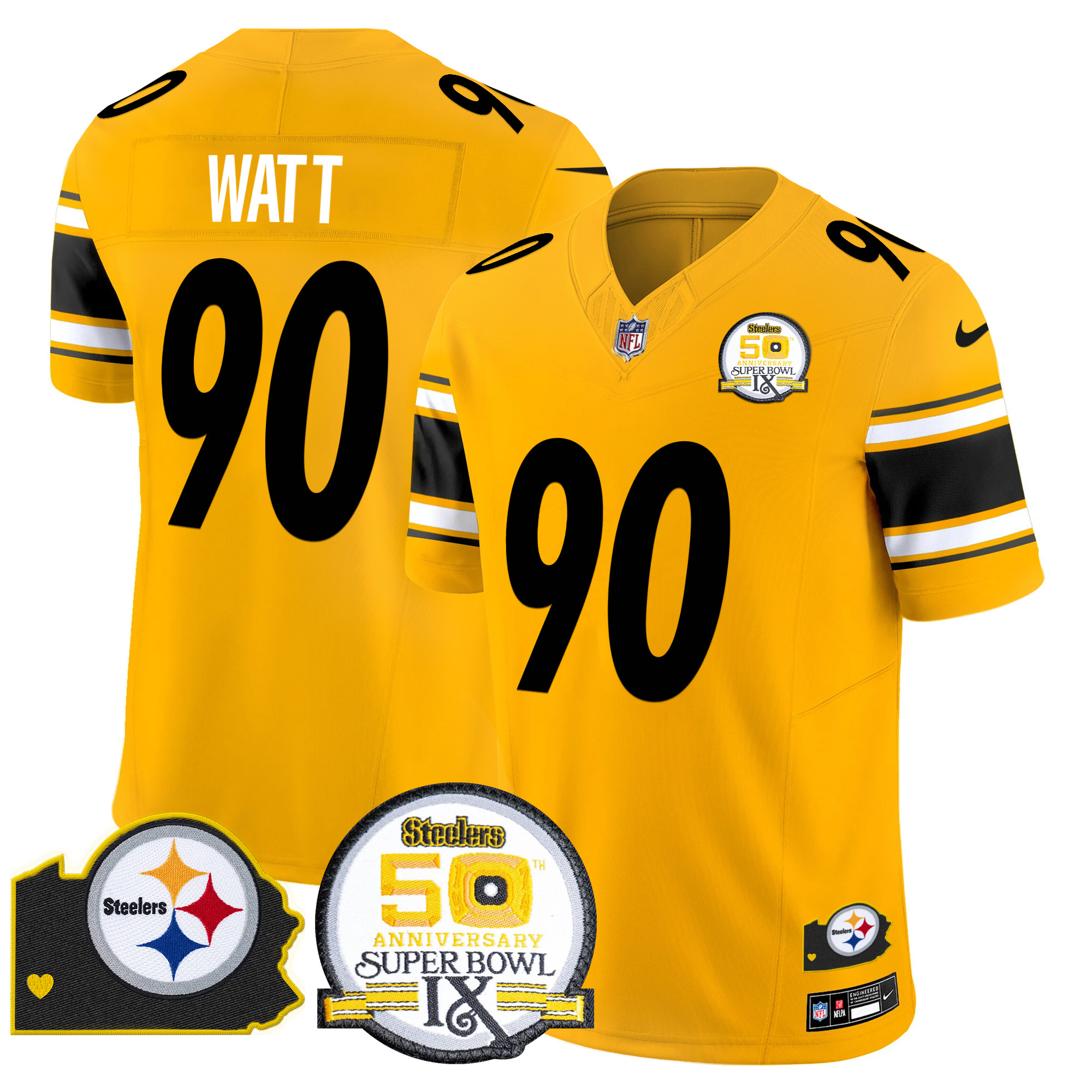 Men's T. J. Watt Pittsburgh Steelers 50th Anniversary Of Super Bowl IX & Map Patch Vapor Limited Gold Jersey - All Stitched