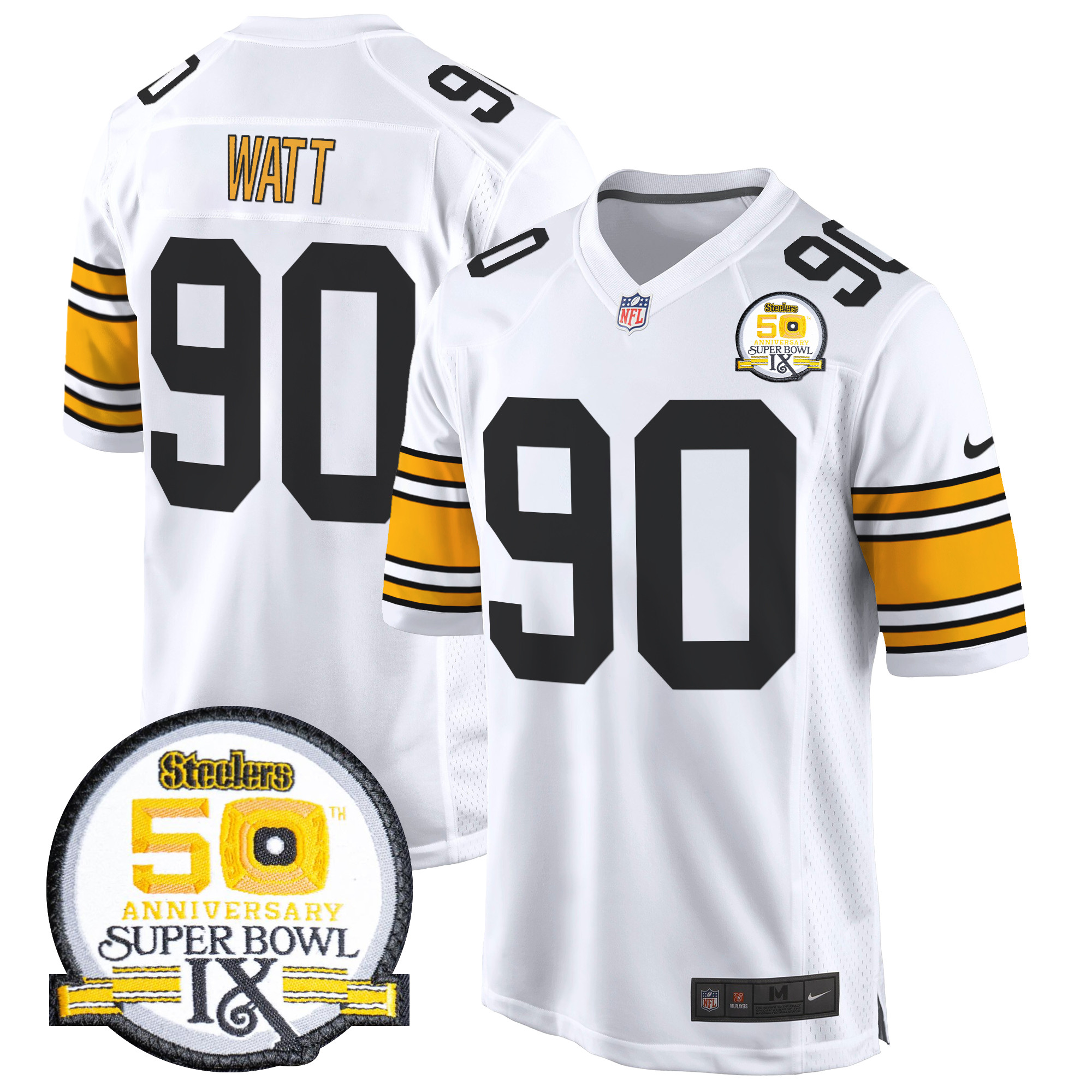 Men's T. J. Watt Pittsburgh Steelers 50th Anniversary Of Super Bowl IX Patch Game 1975 White Jersey - All Stitched