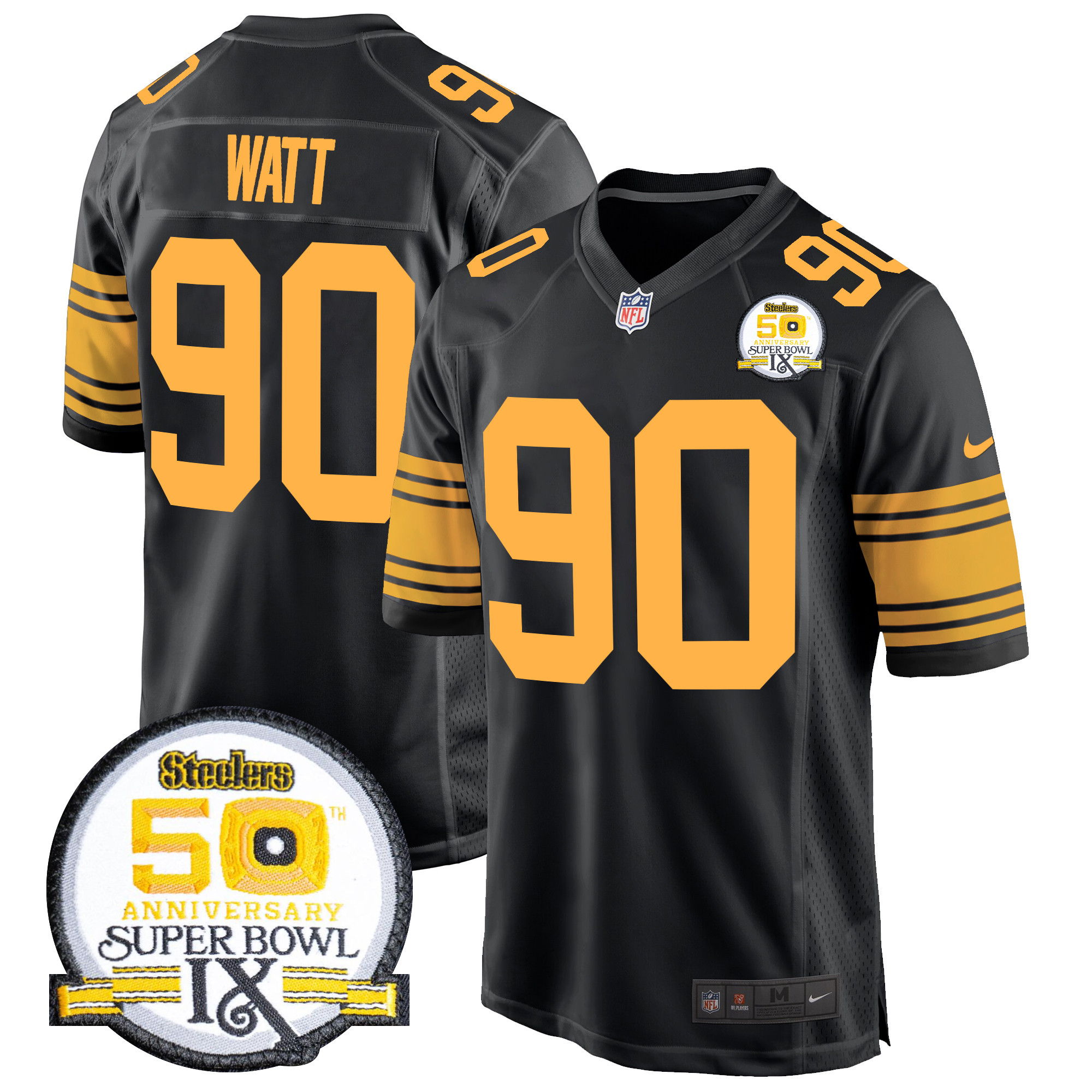Men's T. J. Watt Pittsburgh Steelers 50th Anniversary Of Super Bowl IX Patch Game Color Rush Jersey - All Stitched