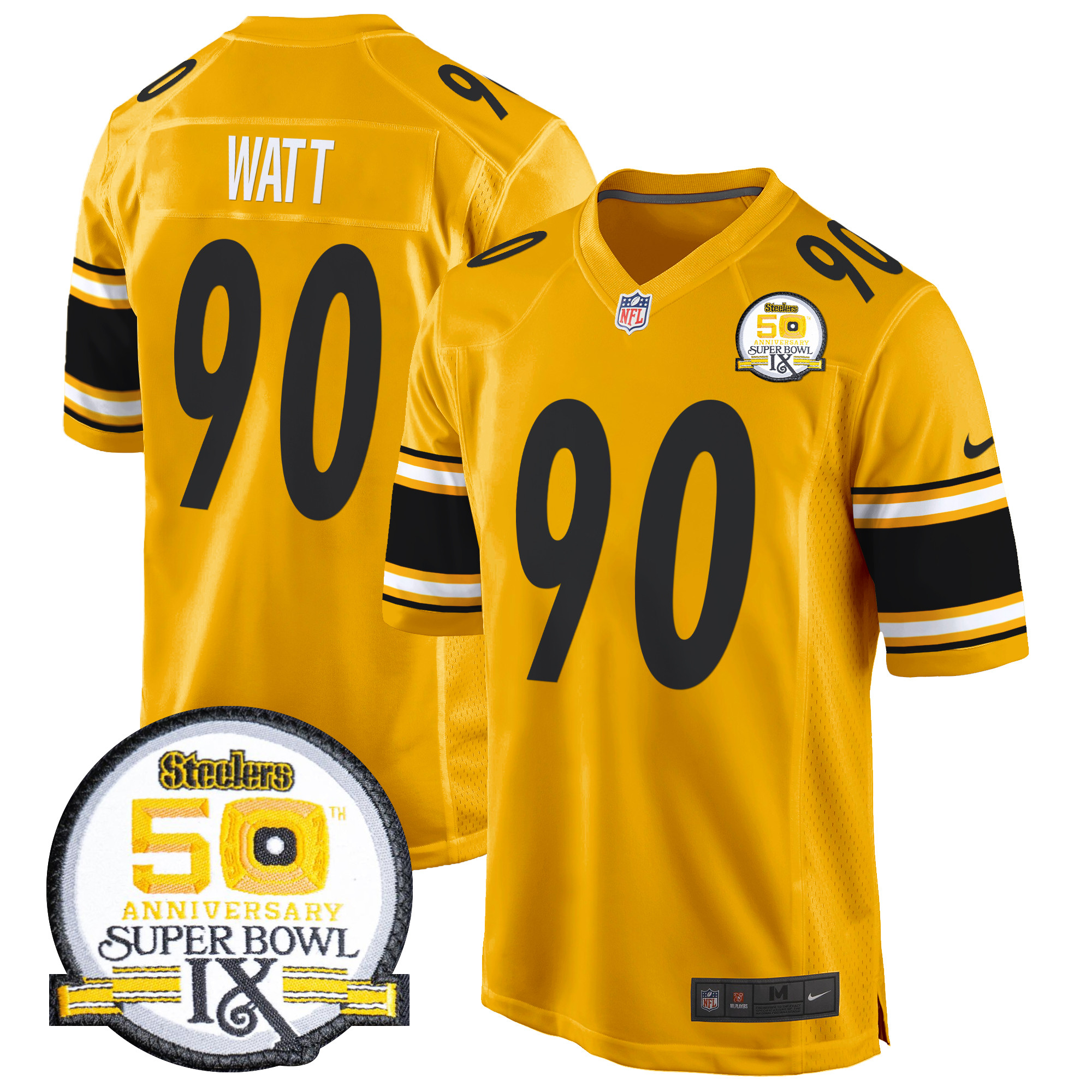 Men's T. J. Watt Pittsburgh Steelers 50th Anniversary Of Super Bowl IX Patch Game Gold Jersey - All Stitched