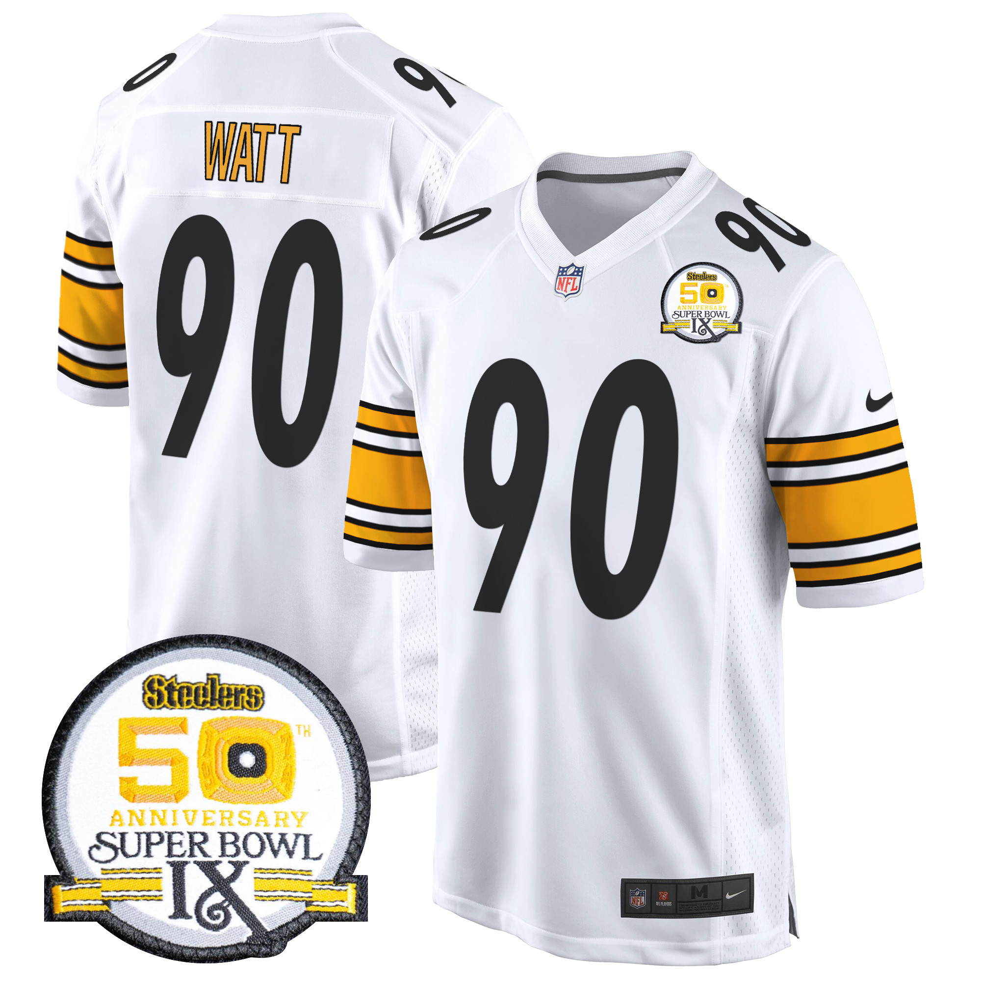 Men's T. J. Watt Pittsburgh Steelers 50th Anniversary Of Super Bowl IX Patch Game White Jersey - All Stitched