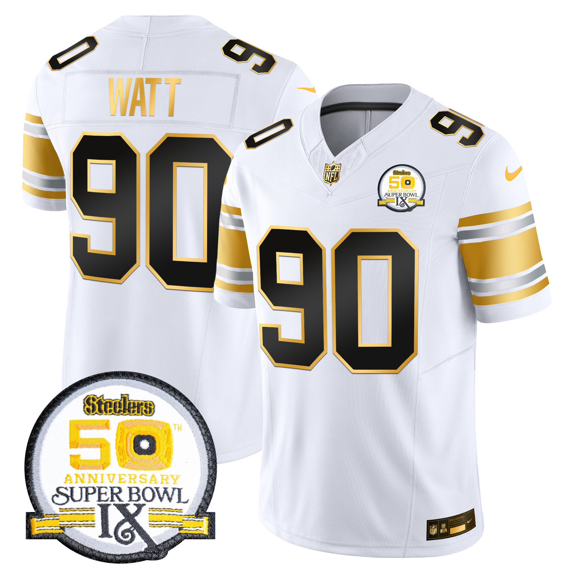 Men's T. J. Watt Pittsburgh Steelers 50th Anniversary of Super Bowl IX Patch Gold Vapor Limited White Gold Jersey - All Stitched