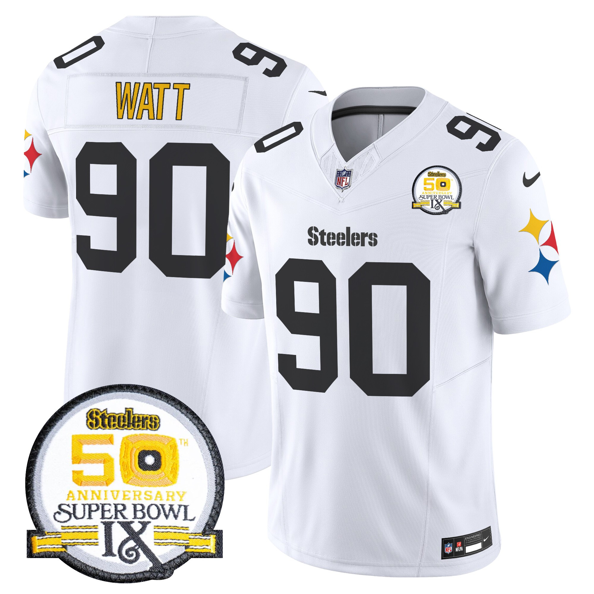 Men's T. J. Watt Pittsburgh Steelers 50th Anniversary Of Super Bowl IX Patch Vapor Limited 1975 White Jersey - All Stitched