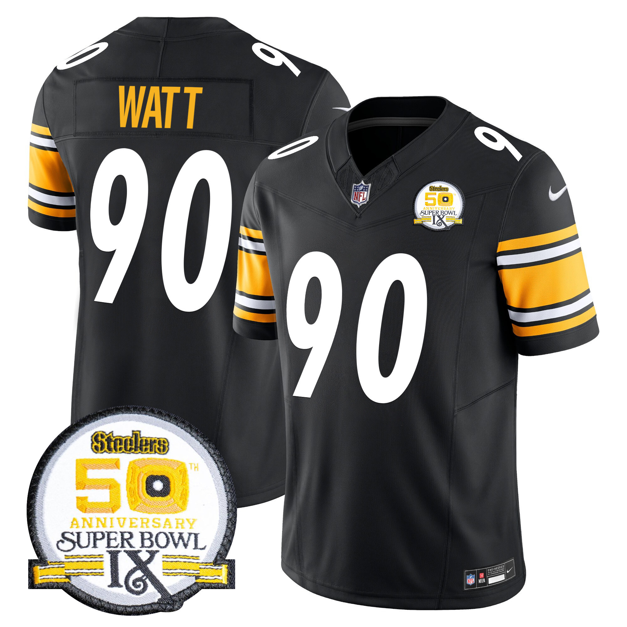 Men's T. J. Watt Pittsburgh Steelers 50th Anniversary Of Super Bowl IX Patch Vapor Limited Black Jersey - All Stitched