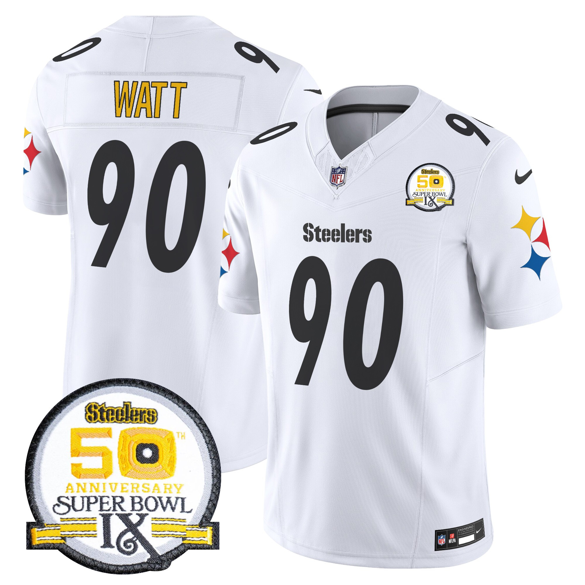 Men's T. J. Watt Pittsburgh Steelers 50th Anniversary Of Super Bowl IX Patch Vapor Limited White Jersey - All Stitched