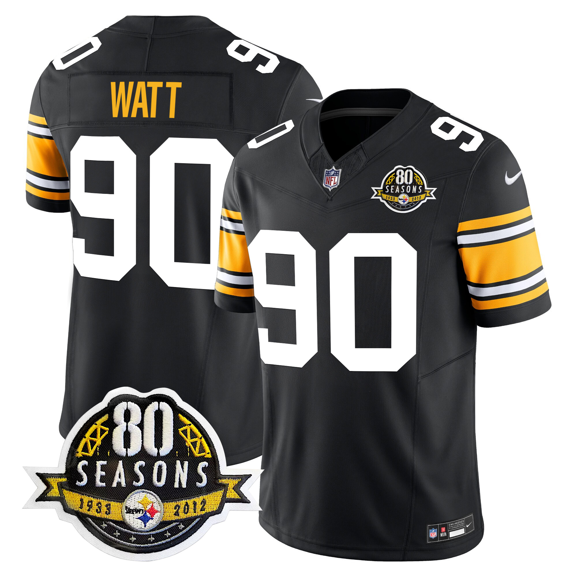 Men's T. J. Watt Pittsburgh Steelers 80th Anniversary Patch Vapor Limited 1975 Throwback Jersey - All Stitched