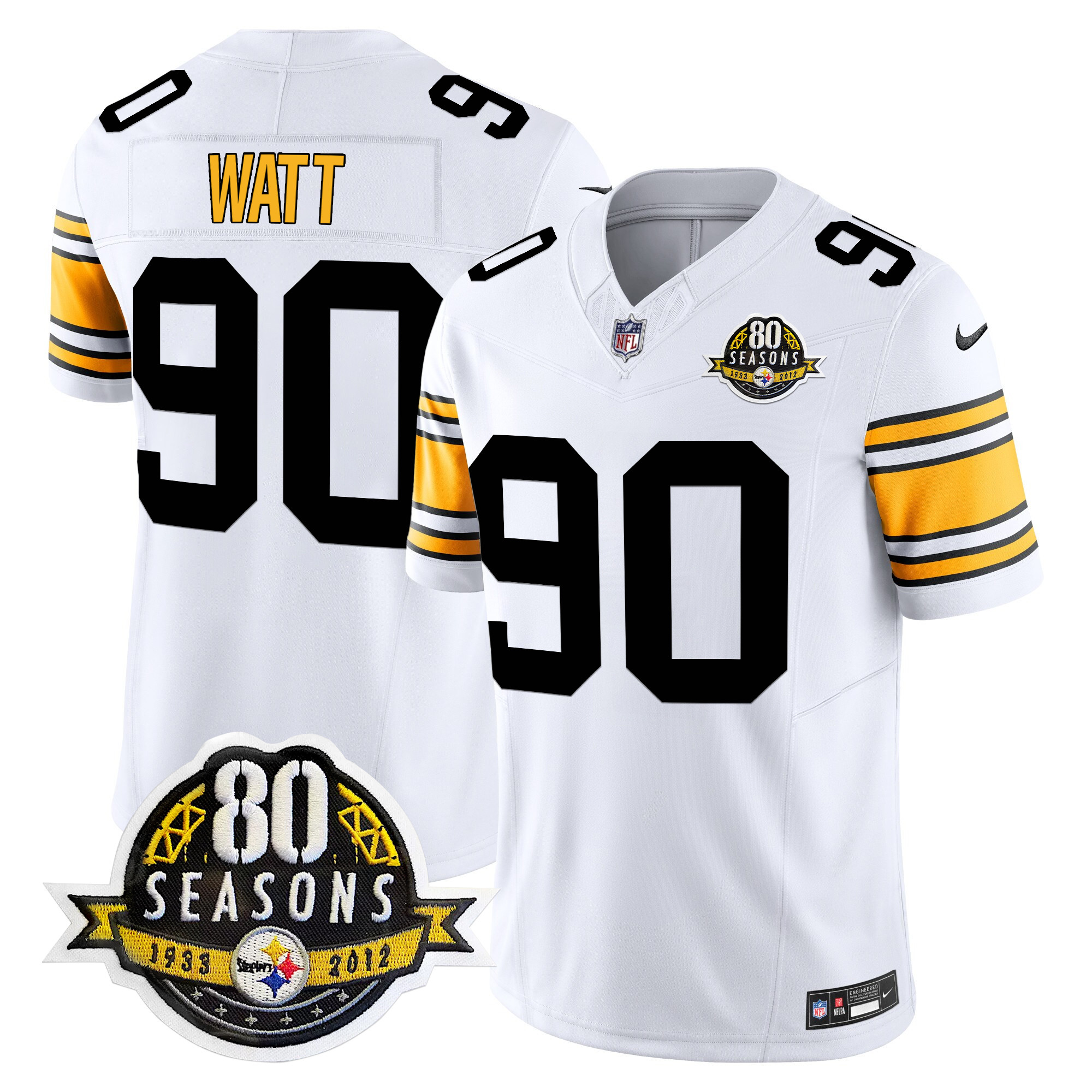 Men's T. J. Watt Pittsburgh Steelers 80th Anniversary Patch Vapor Limited 1975 White Jersey - All Stitched