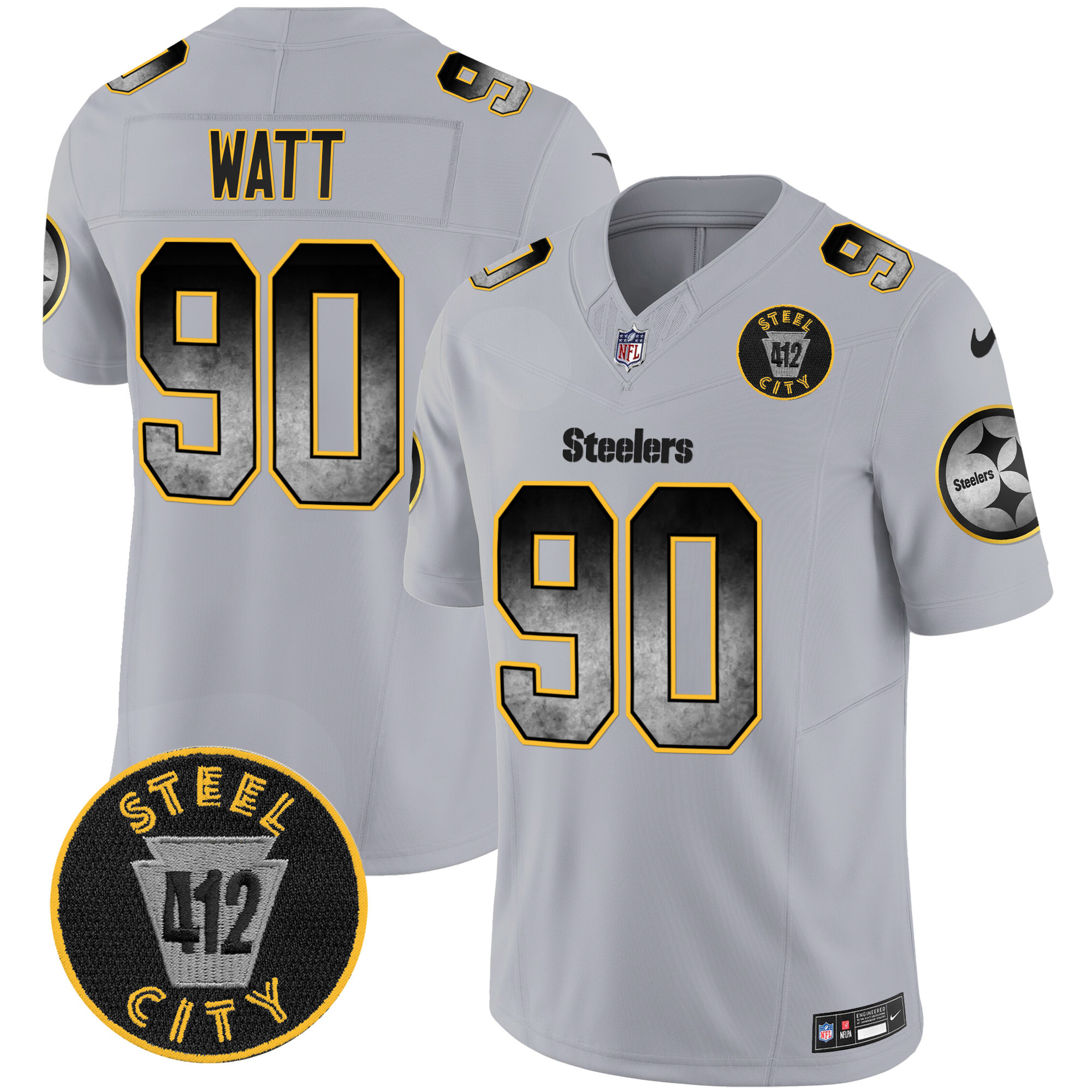 Men's T. J. Watt Pittsburgh Steelers Arch Smoke 412 Patch Vapor Limited Gray Jersey - All Stitched