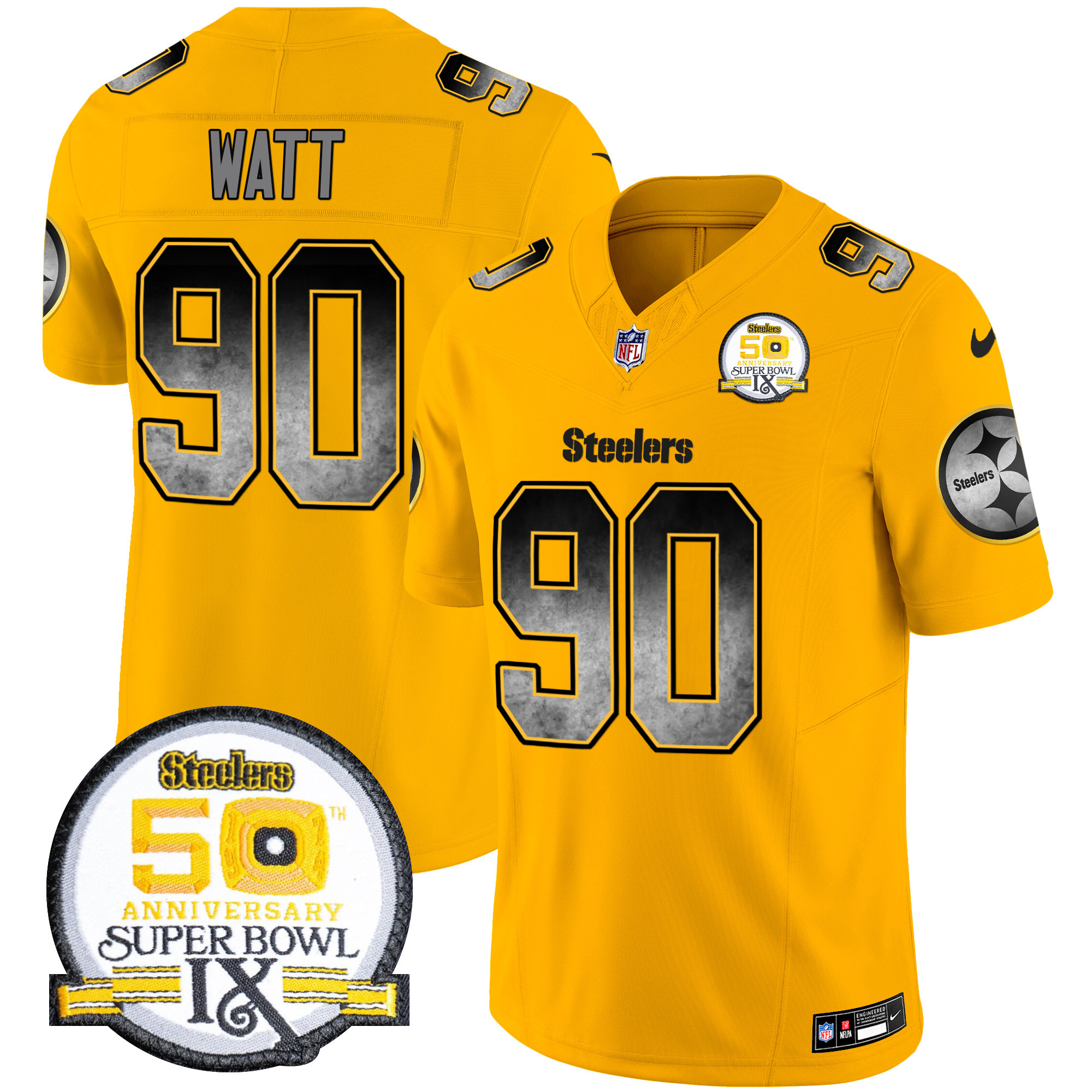 Men's T. J. Watt Pittsburgh Steelers Arch Smoke 50th Anniversary Of Super Bowl IX Patch Vapor Limited Gold Jersey - All Stitched