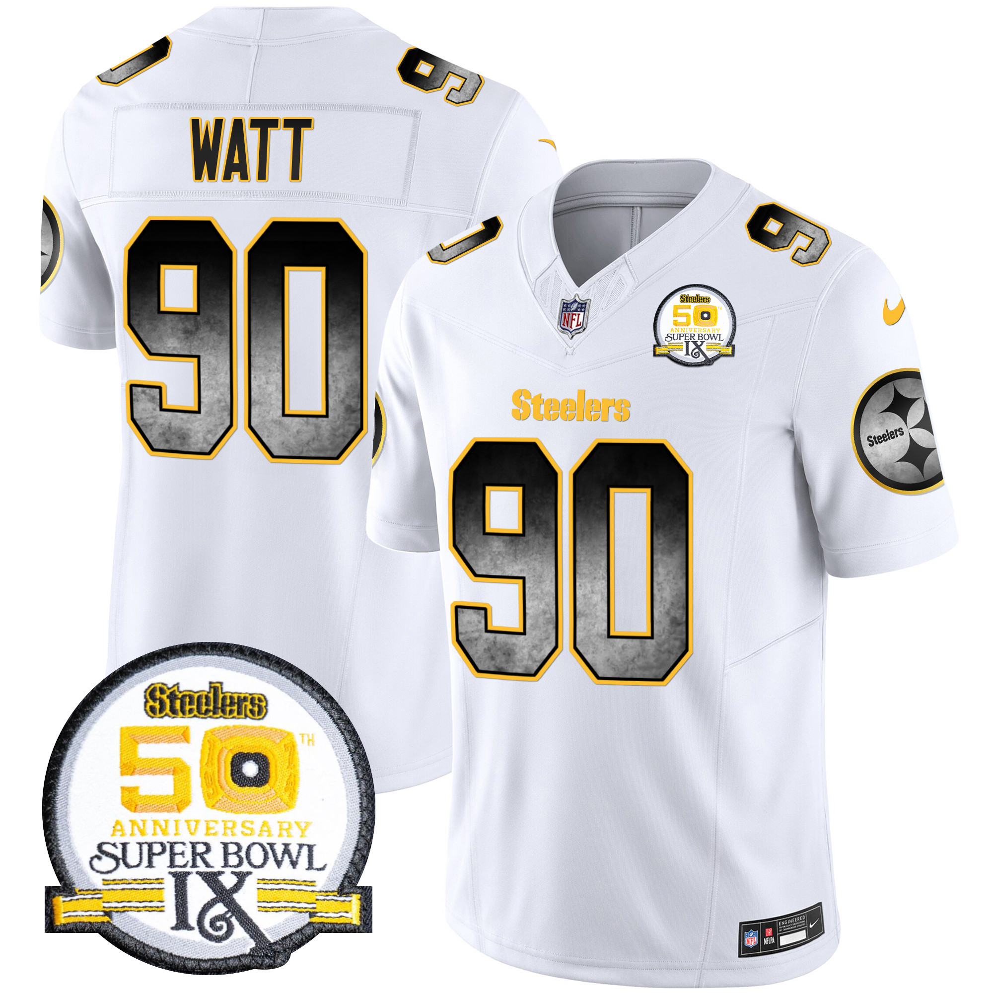 Men's T. J. Watt Pittsburgh Steelers Arch Smoke 50th Anniversary Of Super Bowl IX Patch Vapor Limited White Jersey - All Stitched