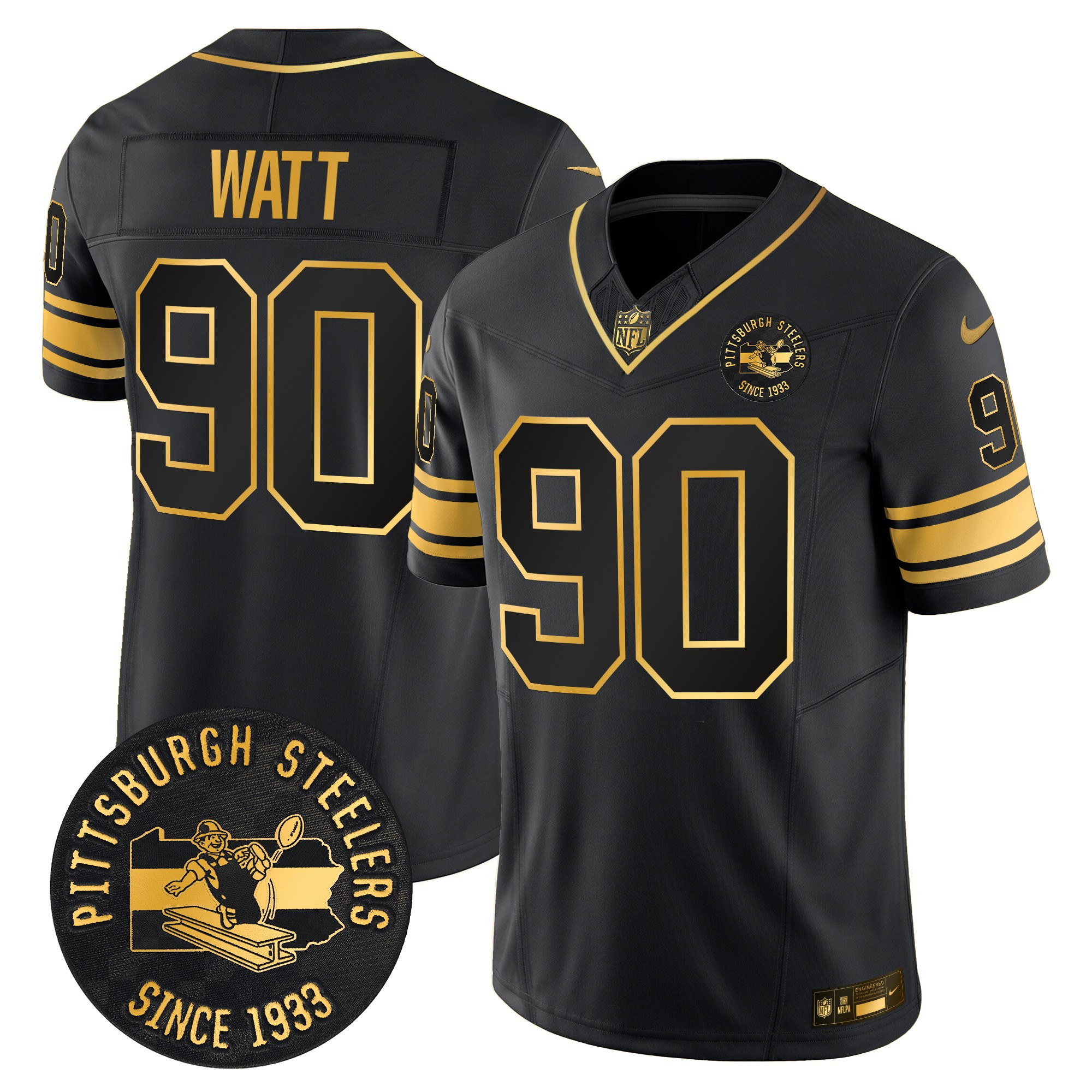 Men's T. J. Watt Pittsburgh Steelers Throwback 1933 Patch Gold Vapor Limited Black Gold Jersey - All Stitched