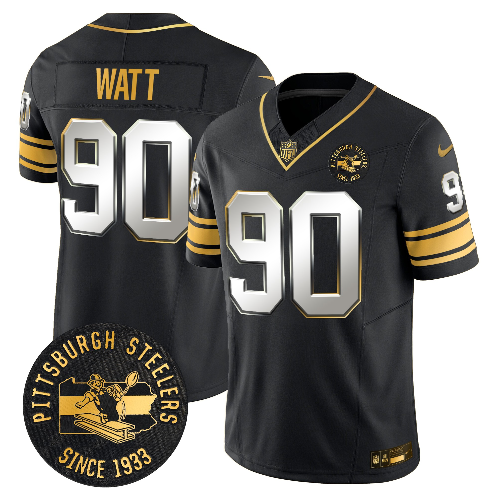 Men's T. J. Watt Pittsburgh Steelers Throwback 1933 Patch Gold Vapor Limited Black Limited Jersey - All Stitched