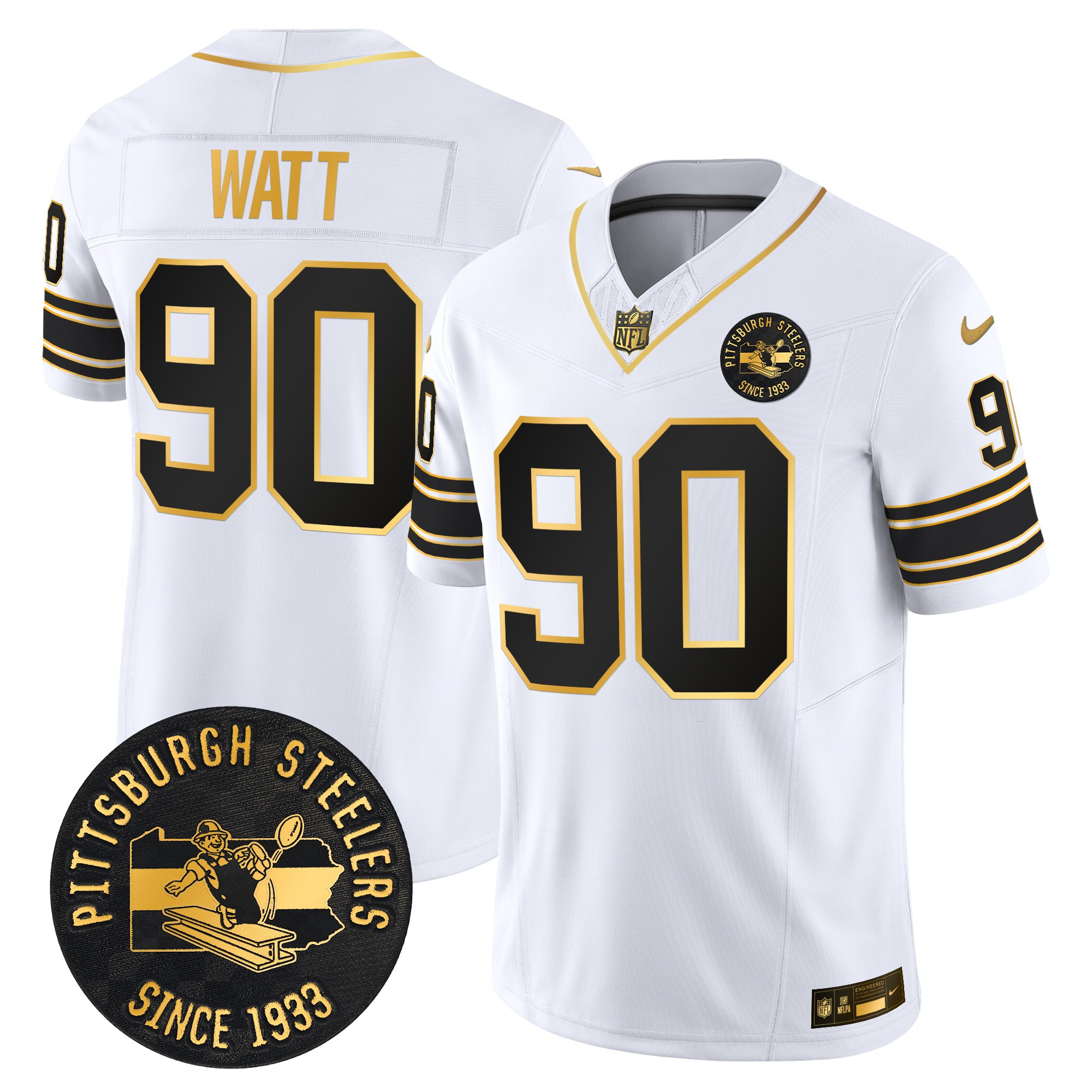 Men's T. J. Watt Pittsburgh Steelers Throwback 1933 Patch Gold Vapor Limited White Gold Jersey - All Stitched