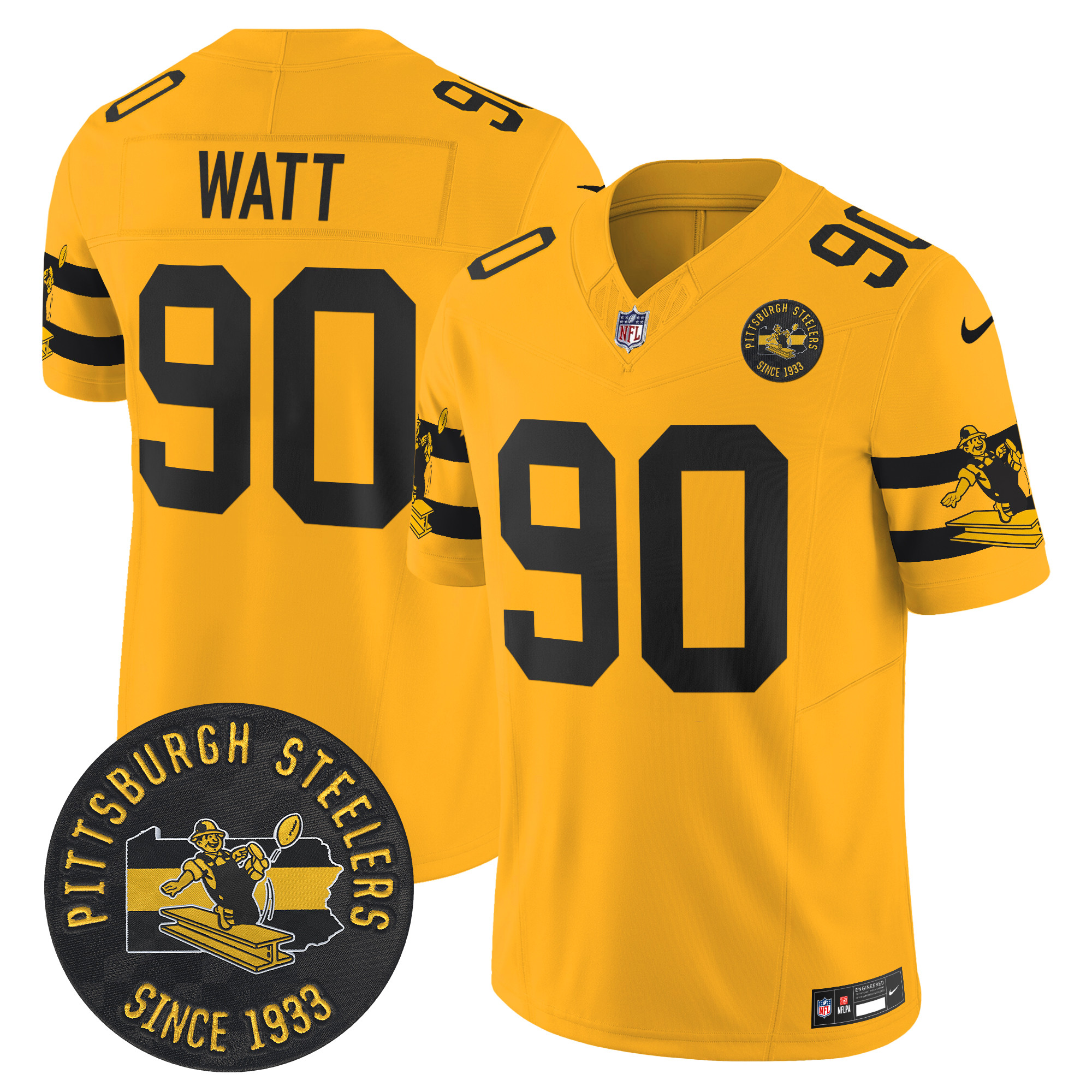 Men's T. J. Watt Pittsburgh Steelers Throwback 1933 Patch Vapor Limited Gold Jersey - All Stitched