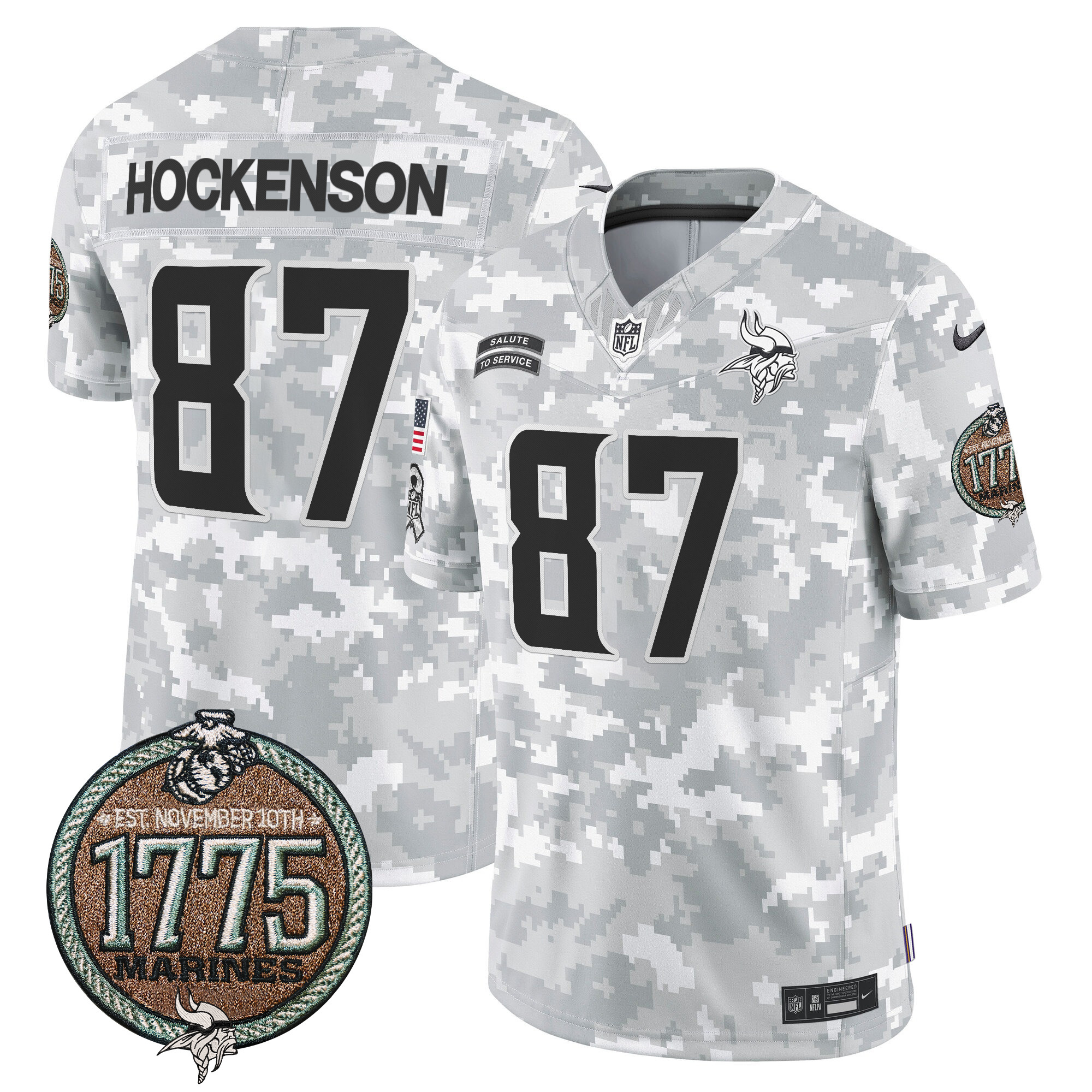 Men's T.J. Hockenson Minnesota Vikings 2024 Salute to Service Establishment Year Patch Vapor Limited Marines Jersey - All Stitched