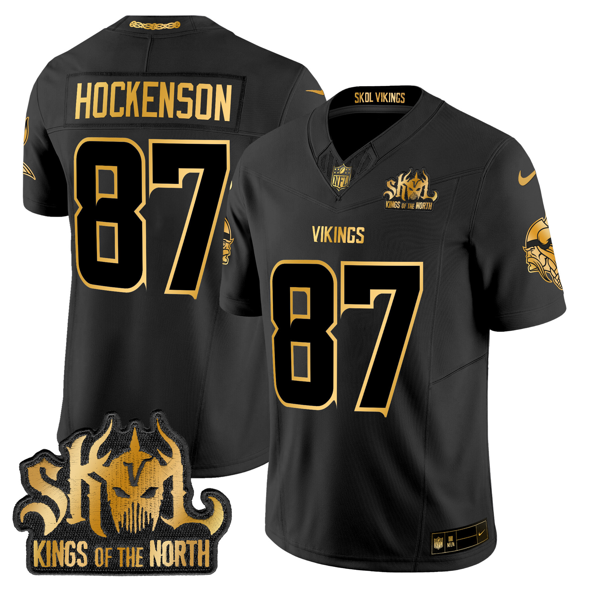 Men's T.J. Hockenson Minnesota Vikings 2024 Winter Warrior Skol Patch Gold Vapor Limited Black Gold Jersey - All Stitched