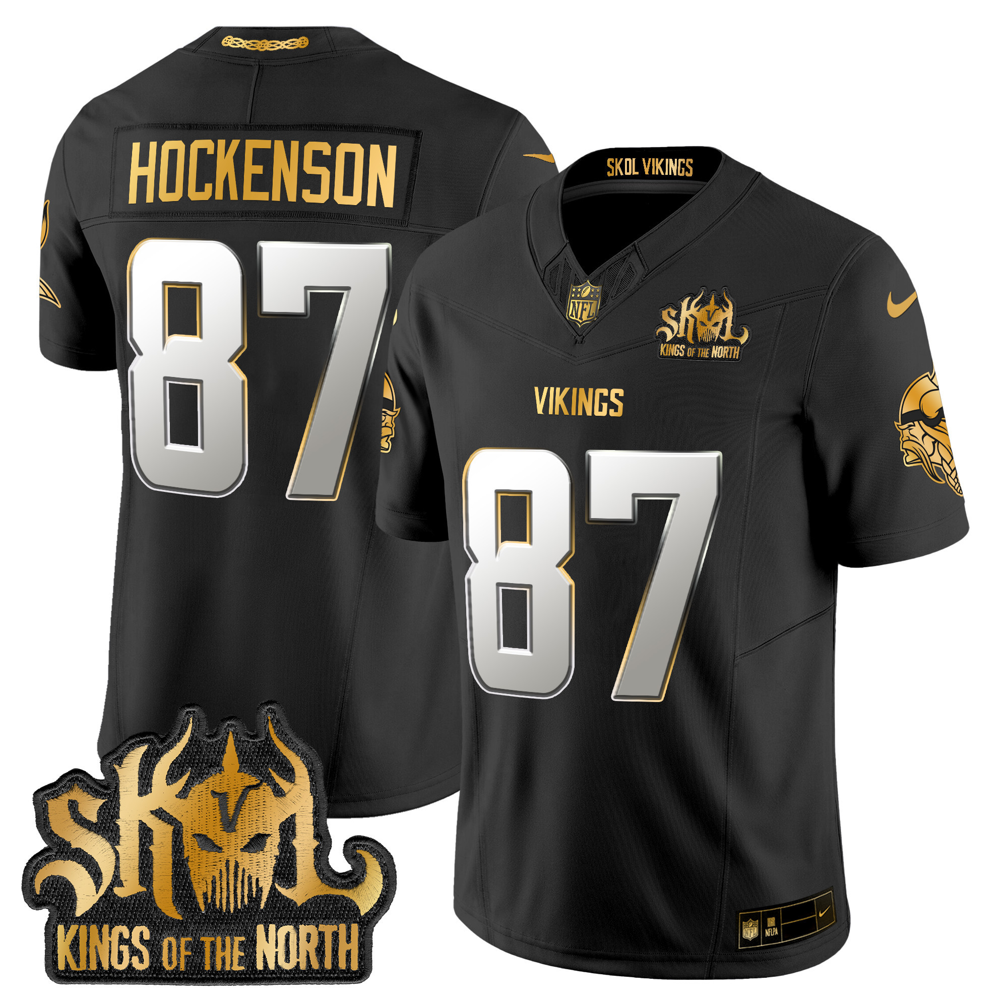 Men's T.J. Hockenson Minnesota Vikings 2024 Winter Warrior Skol Patch Gold Vapor Limited Black Limited Jersey - All Stitched
