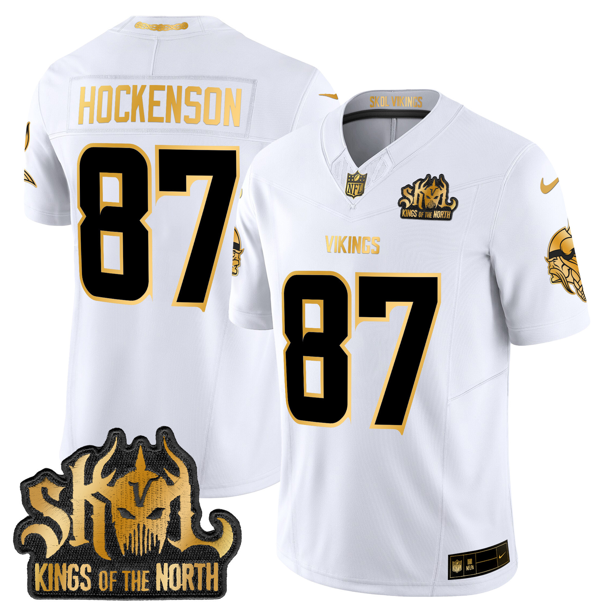 Men's T.J. Hockenson Minnesota Vikings 2024 Winter Warrior Skol Patch Gold Vapor Limited White Gold Jersey - All Stitched